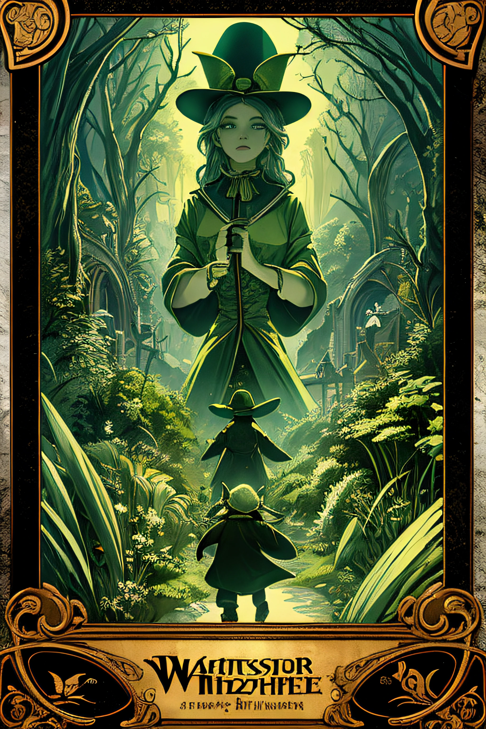 (Masterpiece, Best Quality), 8k Wallpaper, highly detailed, poster, The Wizard of Oz, Oz the Great and Powerful Wizard, green skin, flying broomstick, shapes, lines, abstract, propaganda, fantasy film, bauhaus, movie poster, vintage, low-angle shot,