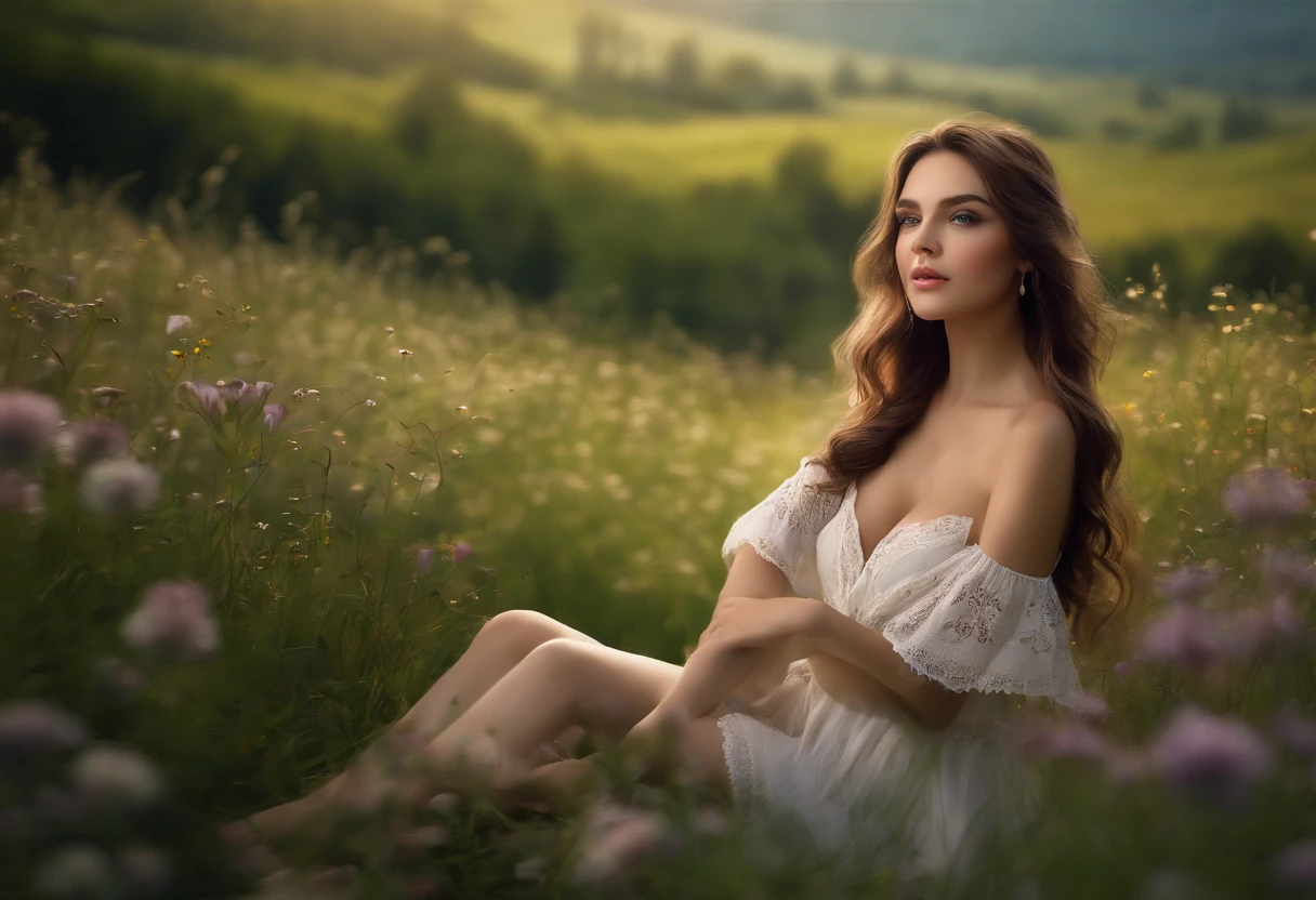 (1girl), Extremely cute, ((extremely detailed beautiful face)), extremely detailed CG unified 8k wallpaper, Highly detailed, High-definition raw color photos, professional photograpy, Realistic portrait, celebrities, makeup, Straight hair, brunette, lace, (Big breasts:1.3), Sitting, Spread your legs wide, (:1.3), Outdoors, dense woods, (Meadows full of wildflowers:1.5), (Wildflower Garden), ((rivers)), (((Bokeh))), depth of fields, (View from below:1.2),