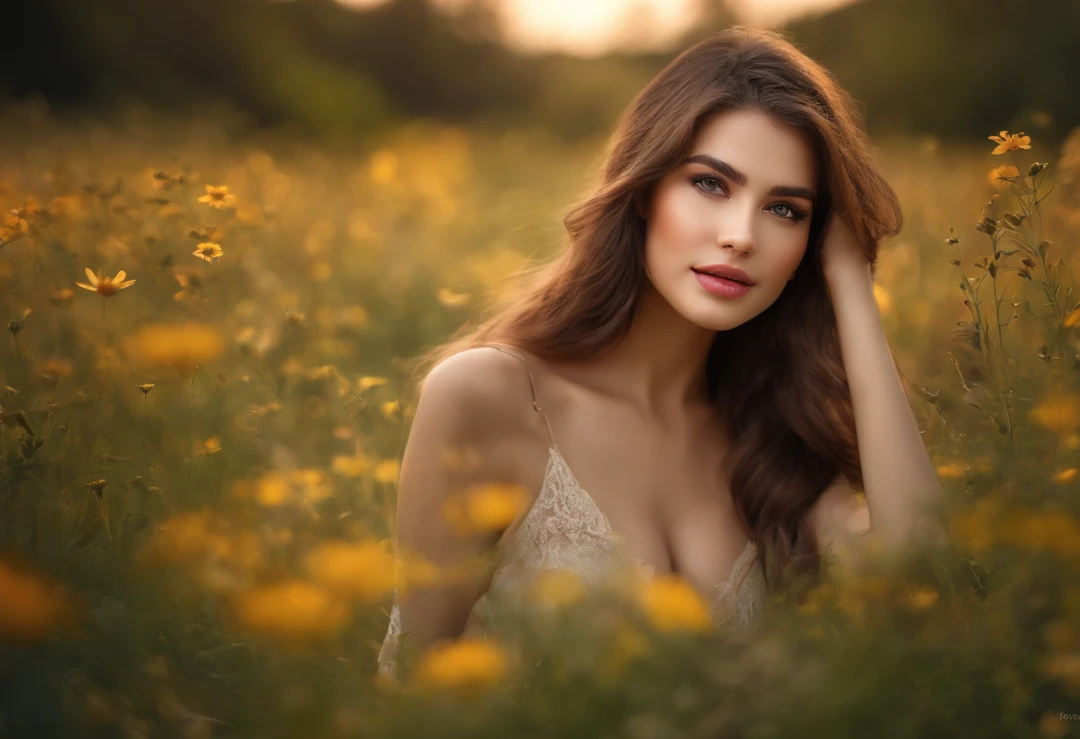 (1girl), Extremely cute, ((extremely detailed beautiful face)), extremely detailed CG unified 8k wallpaper, Highly detailed, High-definition raw color photos, professional photograpy, Realistic portrait, celebrities, makeup, Straight hair, brunette, lace, (Big breasts:1.3), Sitting, Spread your legs wide, (:1.3), Outdoors, dense woods, (Meadows full of wildflowers:1.5), (Wildflower Garden), ((rivers)), (((Bokeh))), depth of fields, (View from below:1.2),
