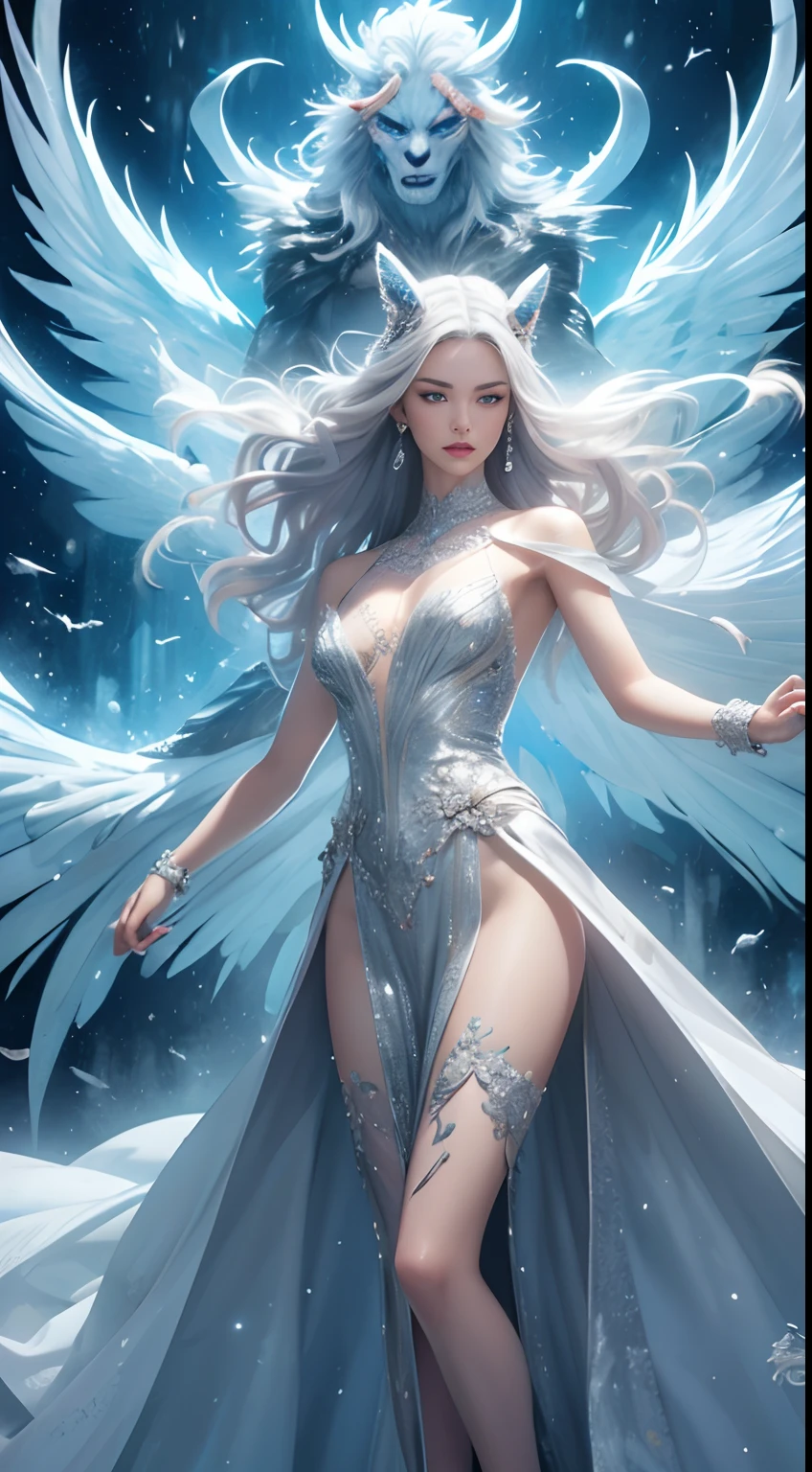 (Best Quality,4K,High resolution), human wolf,(Best Quality,4K,High resolution),silvery-white hair on a white body, body with gray hair all over the body,,,,, transform,An abnormal,sharp eye,Luminescent blue eyes,Facial expression enhancement,,Changing the Appearance of a Transform,beast,Beastification,buttle,Delicate illustrations drawn in detail,Realistic skin texture expression,Realistic portrayal,Vibrant colors,expresive,Classic background(Best Quality,4K,High resolution), Comical appearance,(Best Quality,4K,High resolution), 18yo woman, Blue highlights of gray hair, Long hair, Straight hair, Cool Woman,Wolfification of a man,Cold eyes ,sharp eye,intricately decorated torn feather robes,comic strip,animesque,Comical illustration,busy,Deformed cute illustration,Full body projection,Fighting,Halloween,Dark worldview