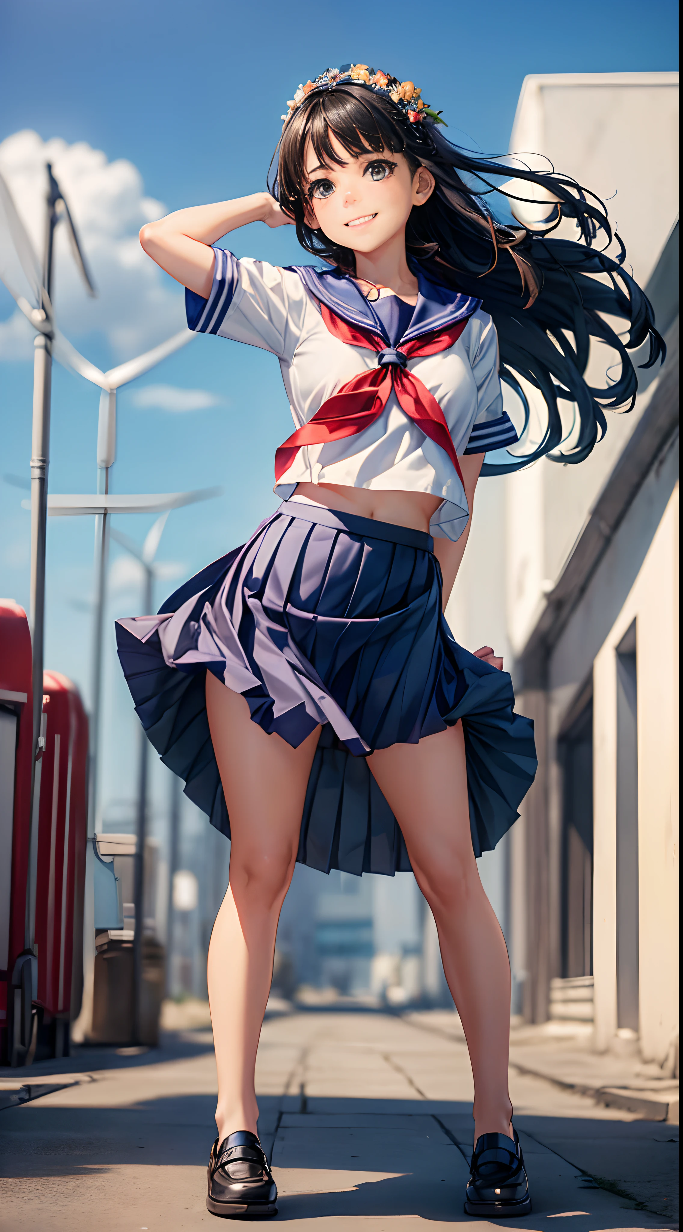 1womanl, ,((a sailor suit)),Beautiful breasts,,well-styled,,(Facing the front)(((a smile)),(((The skirt is rolled up by the wind))),Satin Narico,,