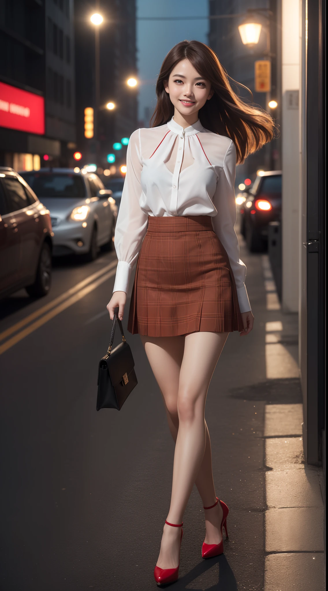 8k, masterpiece, RAW photo, best quality, photorealistic, extremely detailed CG unity 8k wallpaper, Depth of field, Cinematic Light, Lens Flare, Ray tracing, (extremely beautiful face, beautiful lips, beautiful eyes), intricate detail face, ((ultra detailed skin)) 1girl, in the dark, deep shadow, pretty asian girl, 1 girl, (very slim slender fit-muscled body:1.3), ((looking at viewer)),(big smile:1.3), (short skirt ), (red mini skirt ),clear eyes, walking , front shot, (pale skin), (big eyes), face forward, (red shirt), (brown hairs), ((laced blouse)),,(looking at viewer:1.3) very slim, medium breasts, (camel toe), laced black stockings, neon, night, dim light, cityscape, blurry background, street, buildings, tree, (sparkling plaid skirt), (high heels), full body shot