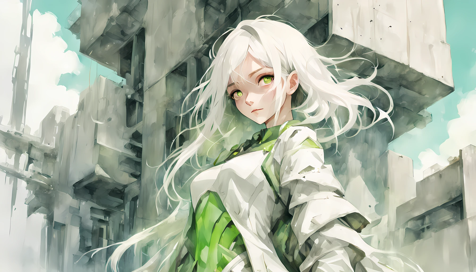 absurdres, highres, ultra detailed, (1girl:1.3), kawaiiBREAK, watercolor washes, translucent layers, delicate blending, fluid textures, subtle hues, organic forms, poetic atmosphere, absurdres, highres, ultra detailed, (perfect anatomy:1.1), ethereal, delicate details, highres, BREAK(girl:1.3), solo, white long hair, green eyes, cyborg, white mecha body, (battle action, dynamic action:1.2),BREAK, brutalist art,white cloud in sky, raw concrete, geometric forms, architectural sculptures, bold textures, industrial aesthetic, unadorned surfaces