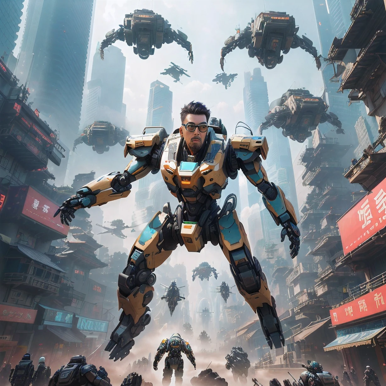 There is a man in a robot suit flying through the air, 3 D rendering character art 8 K, wojtek fus, cgartists, trending on artstation 4k, Ross Tran 8 K, cyberpunk art ultrarealistic 8k, Cinematic. author:Leng Jun, army of big robots, 3 d render beeple, cgsociety and fenghua zhong