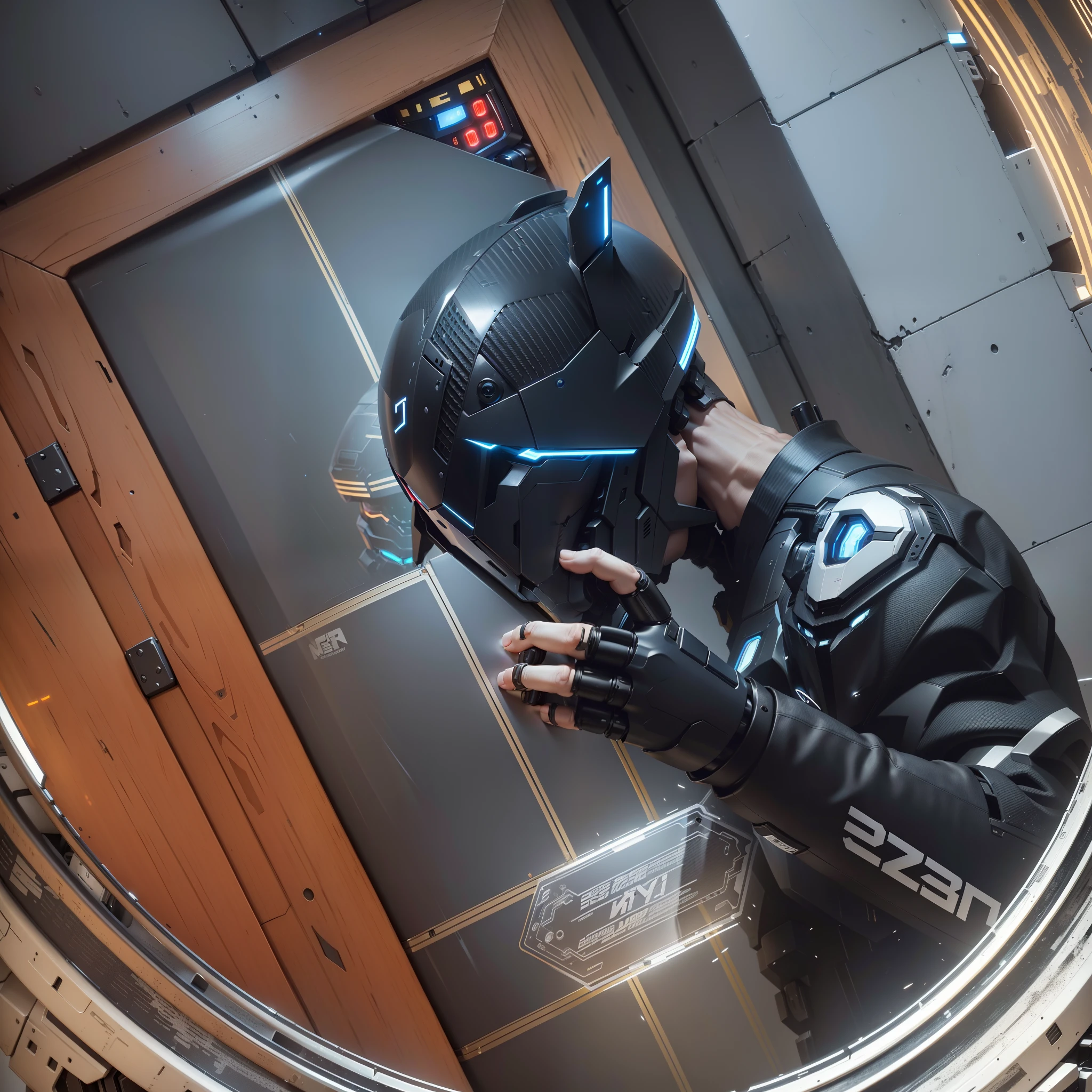 Handsome full body black mecha white short hair cyber handsome warrior, black cyber mechanical motorcycle, high-tech black full surround helmet, white short hair, Nousr, biomechanics, MSHN robot man, high-tech helmet, surreal, steel, complex design, crazy details, fine details, extremely clear lines, cinematic lighting, photo realism, detailed masterpiece