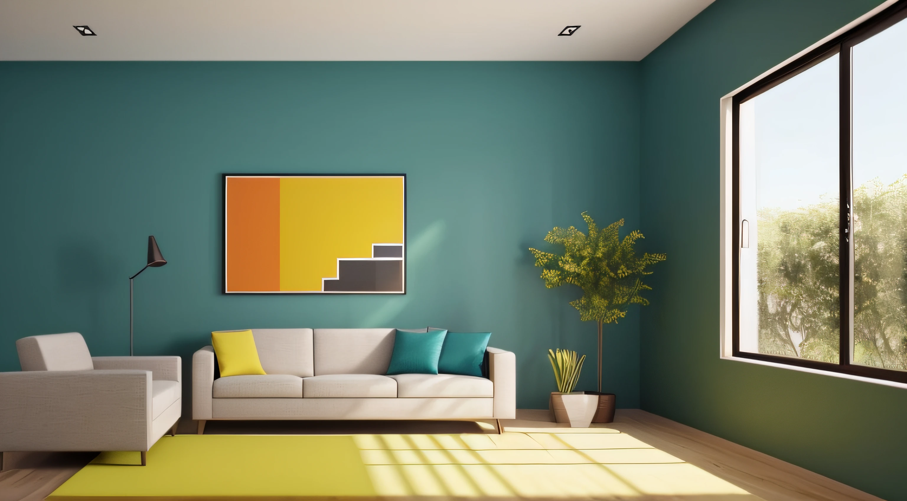 A room with minimal furniture and no people, featuring only one vase, one painting, and one drawer, Without sofa. The walls are painted in a light and low saturation Light color, color name for wall: tacao color code: (RGB code: (R: 246, G: 175, B: 127) Hex : #F6AF7F). The overall color tone of the room is consistent. without any direct sunlight or daylight effect. Tags: one vase, one painting, one drawer, minimal furniture,, one-tone color scheme, no sun, no daylight. From the point of view of a person in front of a parallel wall of the camera, for background, light and low saturation color, color code: color name for wall: tacao color code: (RGB code: (R: 246, G: 175, B: 127) Hex : #F6AF7F)