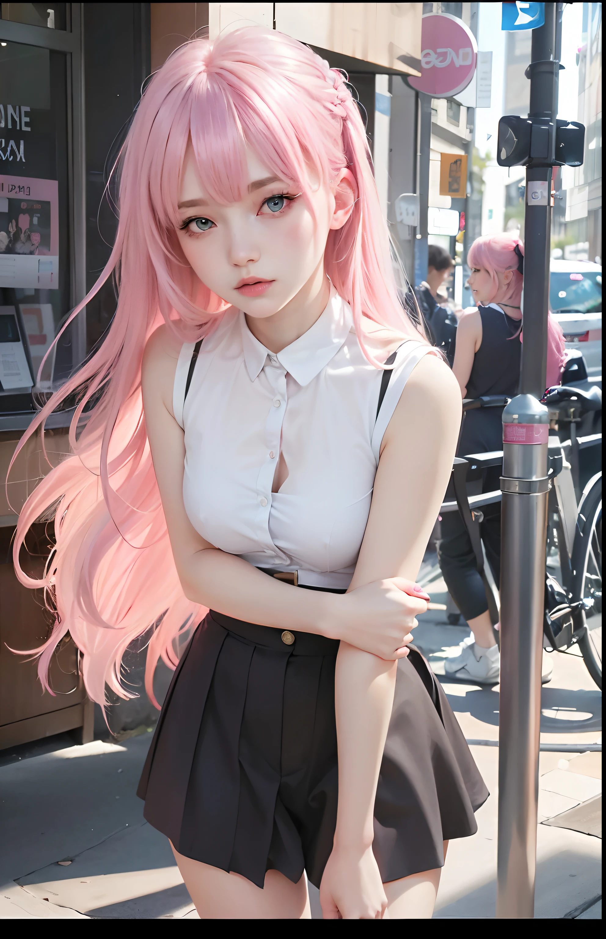 best quality, ultra high res, (photorealistic:1.4), 8k resolution, girl, (pink  hair:1.3) , realistic blue eyes, (realistic hair:1.2), (Korean girl:1.2), (realistic eyes:1.2), (beauty face:1.3), perfect body, white pale skin, small breast, cleavage, , (eyes looked up:1.3), petite , Sports bikini, flat chest