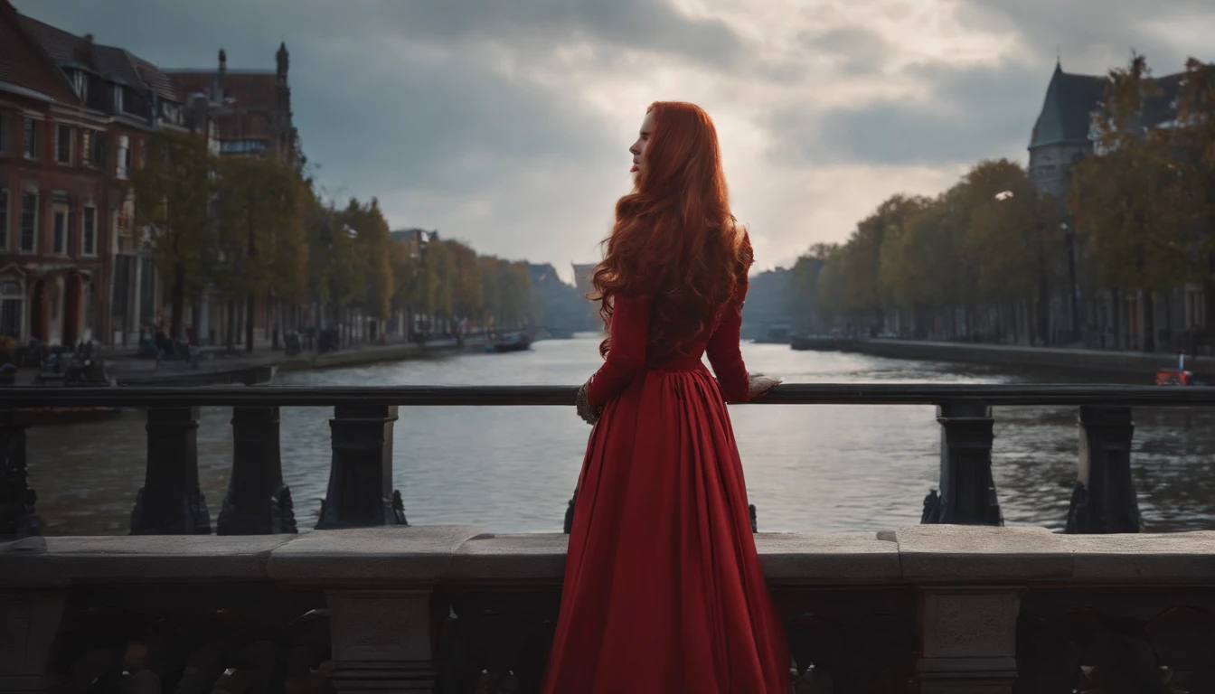((masterpiece,best quality)),8k wallpaper,1girl, long hair, red hair, solo, dress, red eyes, looking at viewer, long sleeves, standing, building, white dress, gloves, hair ornament, black jacket, smile, floating hair, dutch angle, closed mouth, looking away, outdoors