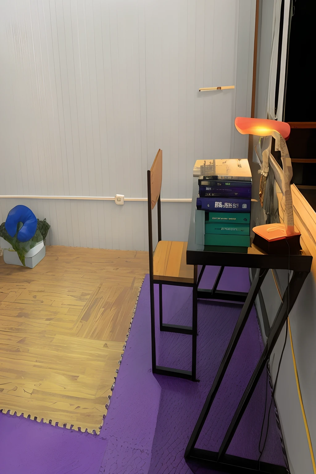 purple mat on the floor, completely filled space, indoor setting, photograph of 3d ios room, full subject shown in photo, high light on the left, beautiful creative space behind, indoor picture, low light room, with backdrop of natural light, peaceful environment, whole room, small room, hidden area, an escape room in a small