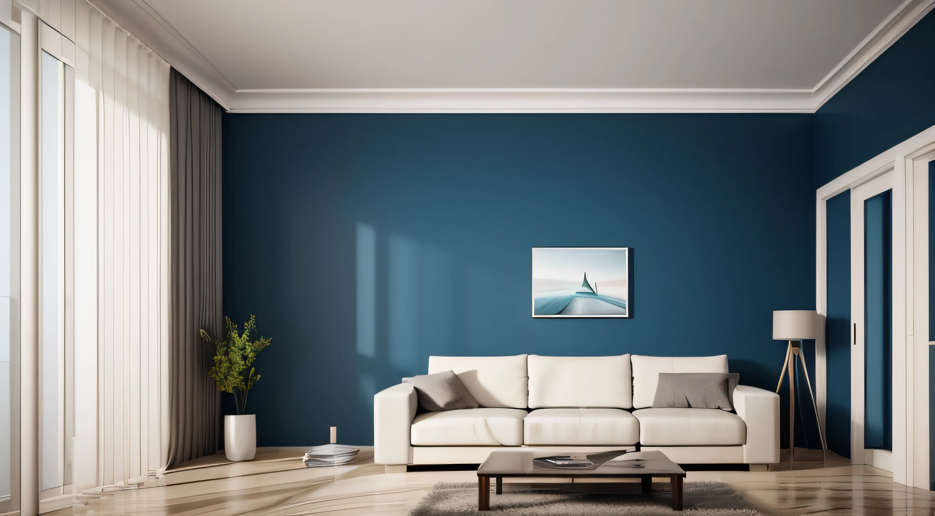 A room with minimal furniture and no people, featuring only one vase, one painting, and one drawer, Without sofa. The walls are painted in a Blue Diamond color(RGB code: (R: 76, G: 288, B: 288) Hex : #4CE4E4). The overall color tone of the room is consistent. without any direct sunlight or daylight effect. Tags: one vase, one painting, one drawer, minimal furniture,, one-tone color scheme, no sun, no daylight. From the point of view of a person in front of a parallel wall of the camera, for background