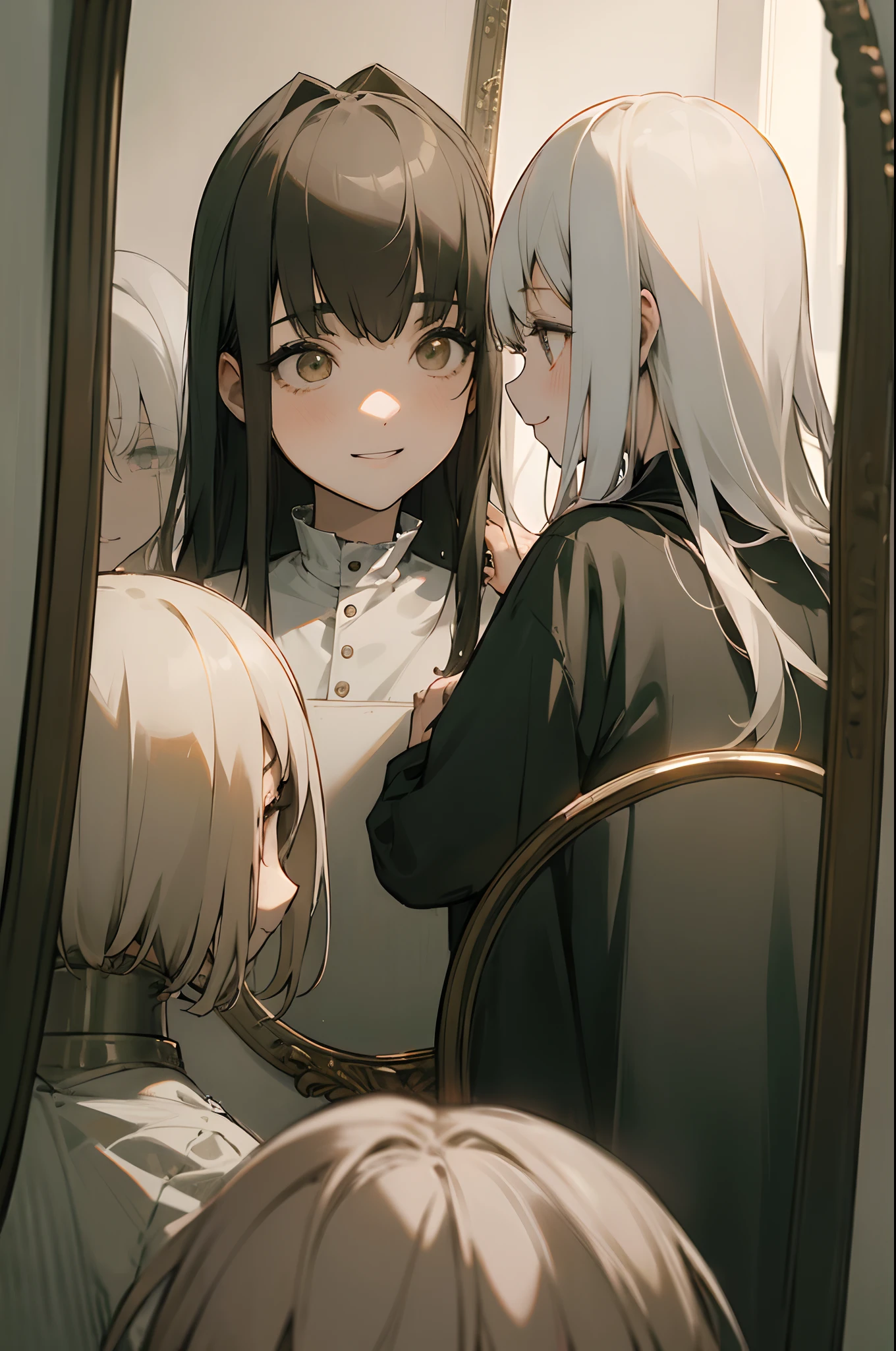 (Girls who love each other through the mirror are also alter egos:1.5)、Sanpaku eyes、(Like a painting by Hammershoi:1.4)、Empty room、Open door、greys、Tyndall phenomenon、(Hollow eyes:1.5)、(Unpleasant smile:1.5)、perfect anatomia、Spiritual silence、Transcendental tranquility、Spooky Symbols、Super detailed illustration、extra detailed face、Raw photography、film grains、Deviantart Trends