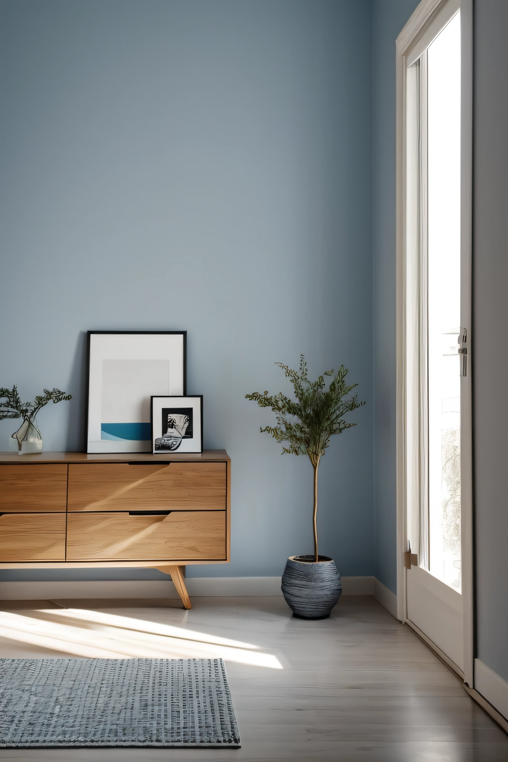 A room with minimal furniture and no people, featuring only one vase, one painting, and one drawer, Without sofa. The walls are painted in a Blue Diamond color(RGB code: (R: 76, G: 288, B: 288) Hex : #4CE4E4). The overall color tone of the room is consistent.  without any direct sunlight or daylight effect. Tags: one vase, one painting,  one drawer, minimal furniture,, one-tone color scheme, no sun, no daylight. From the point of view of a person in front of a parallel wall of the camera, for background