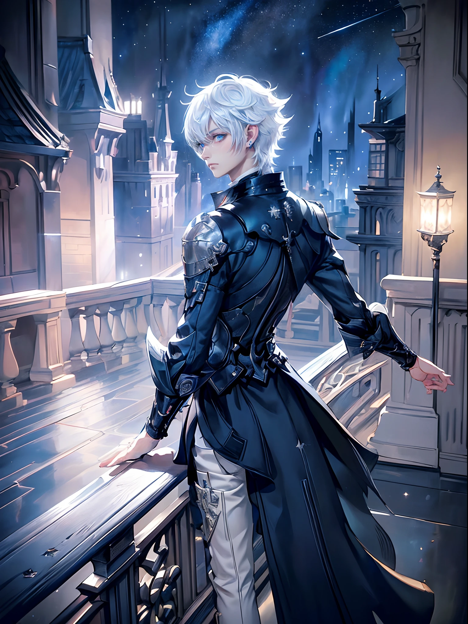 ((4K works))、​masterpiece、(top-quality)、One Beautiful Boy、Slim body、tall、((Black Y-shirt and white pants、Charming knight style))、(Detailed beautiful eyes)、Stylish English black balcony、Castle inhabited by villains、Balcony at night、((Starry sky in the background))、((dark sky))、((Fashionable city scenery at midnight))、((Standing on a stylish balcony and shooting))、mid night、((Face similar to Carly Rae Jepsen))、((Short-haired white hair))、((Smaller face))、((Neutral face))、((Bright blue eyes))、((American adult male))、((Adult male 26 years old))、((Cool Men))、((Like a celebrity))、((Angry look))、((Korean Makeup))、((elongated and sharp eyes))、((Happy dating))、((boyish))、((Upper body photography))、Professional Photos、((Shot alone))、((shot from back))、((Shot so that the back of the head is visible))、((Shot in close proximity to him))、((Focus zoom in))、((He is looking at the starry sky))、((He standing on the balcony))、horor、((Beautiful and cool photos))