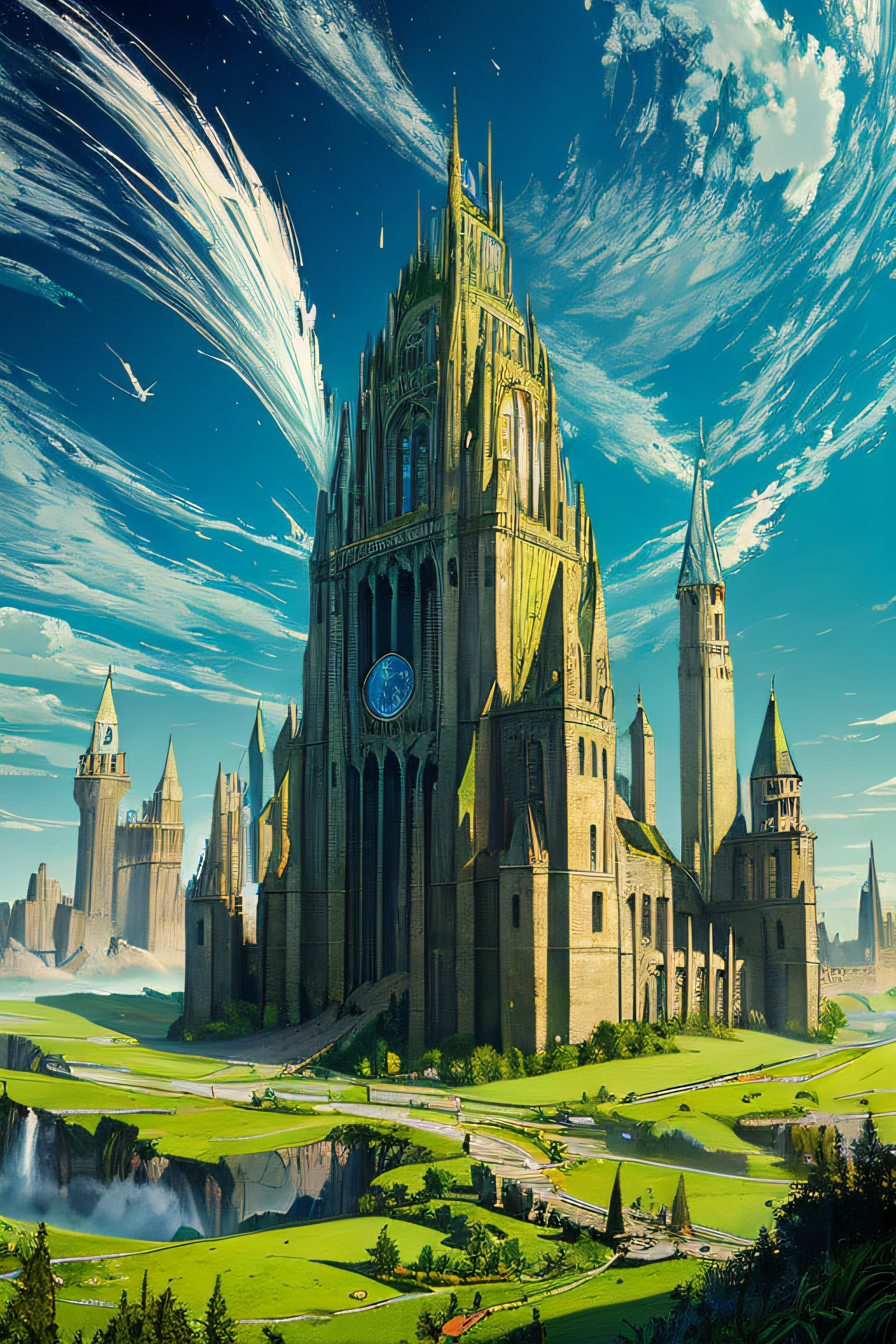 (Masterpiece, Best Quality), 8k Wallpaper, highly detailed, poster, The Wizard of Oz, Oz the Great and Powerful Wizard, green skin, flying broomstick, shapes, lines, abstract, propaganda, fantasy film, bauhaus, movie poster, vintage, low-angle shot,