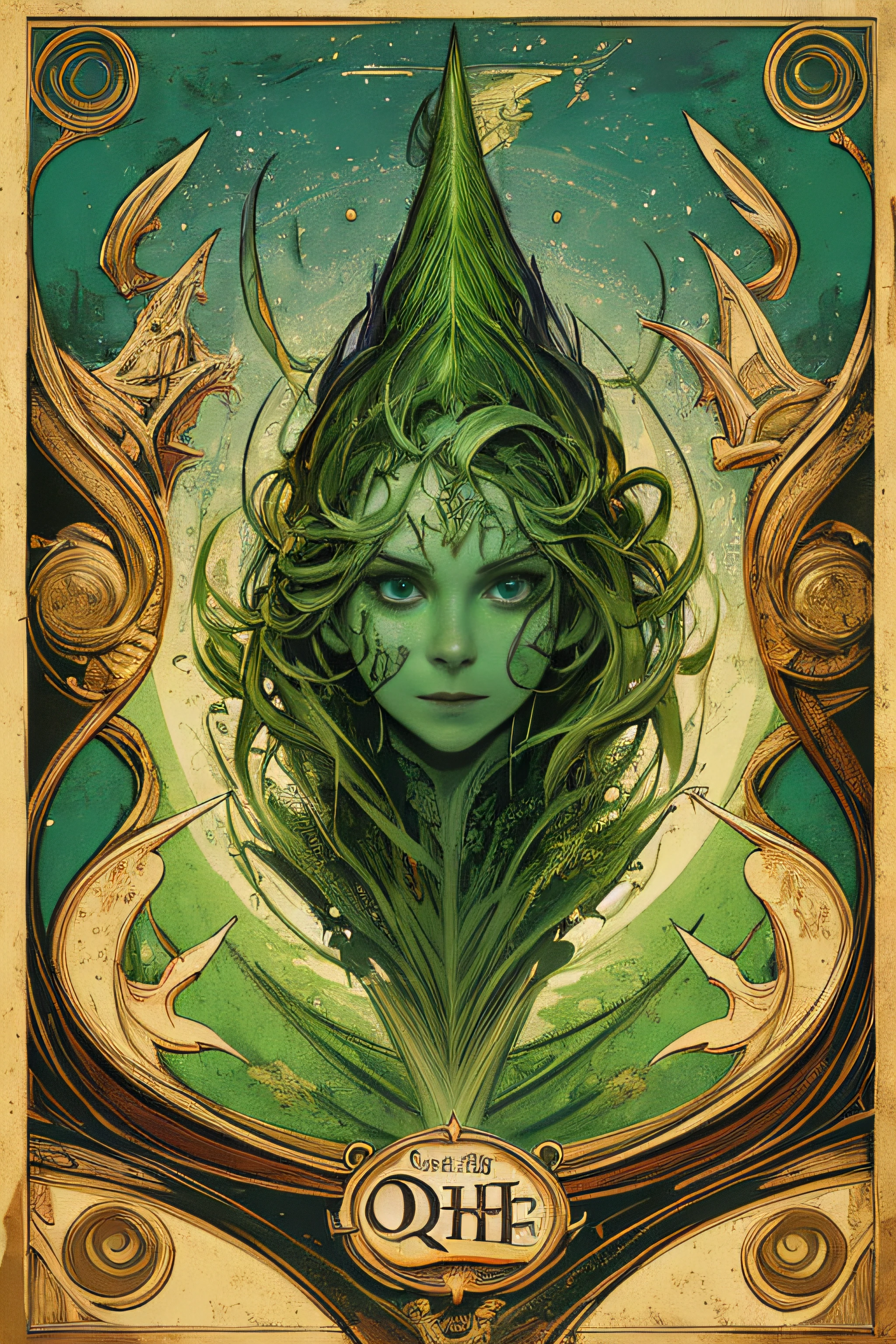 (Masterpiece, Best Quality), 8k Wallpaper, highly detailed, poster, The Wizard of Oz, Oz the Great and Powerful Wizard, green skin, flying broomstick, shapes, lines, abstract, propaganda, fantasy film, bauhaus, movie poster, vintage, low-angle shot,