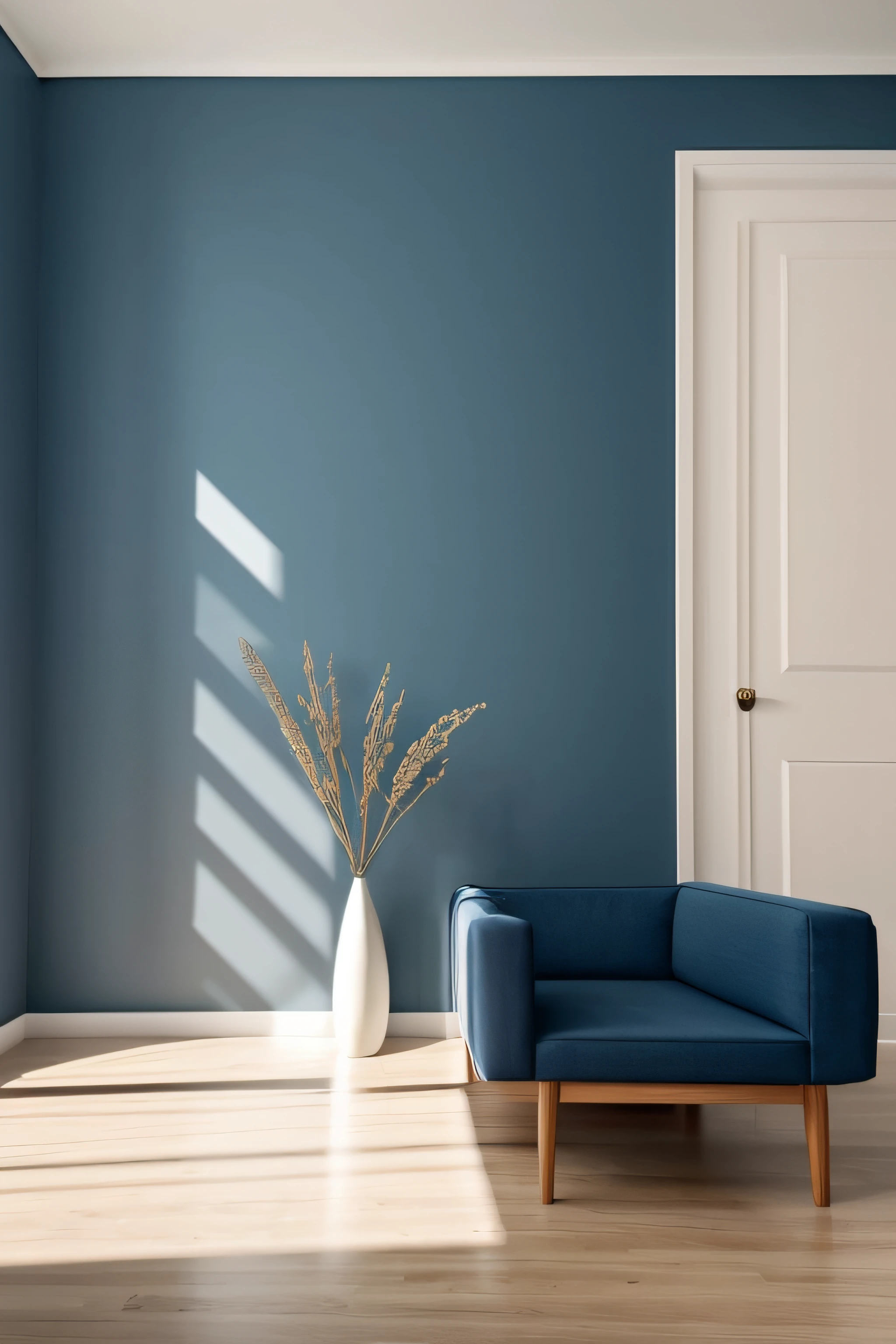 A room with minimal furniture and no people, featuring only one vase, one painting, and one drawer, Without sofa. The walls are painted in a Blue Diamond color(RGB code: (R: 76, G: 288, B: 288) Hex : #4CE4E4). The overall color tone of the room is consistent. without any direct sunlight or daylight effect. Tags: one vase, one painting, one drawer, minimal furniture,, one-tone color scheme, no sun, no daylight. From the point of view of a person in front of a parallel wall of the camera, for background