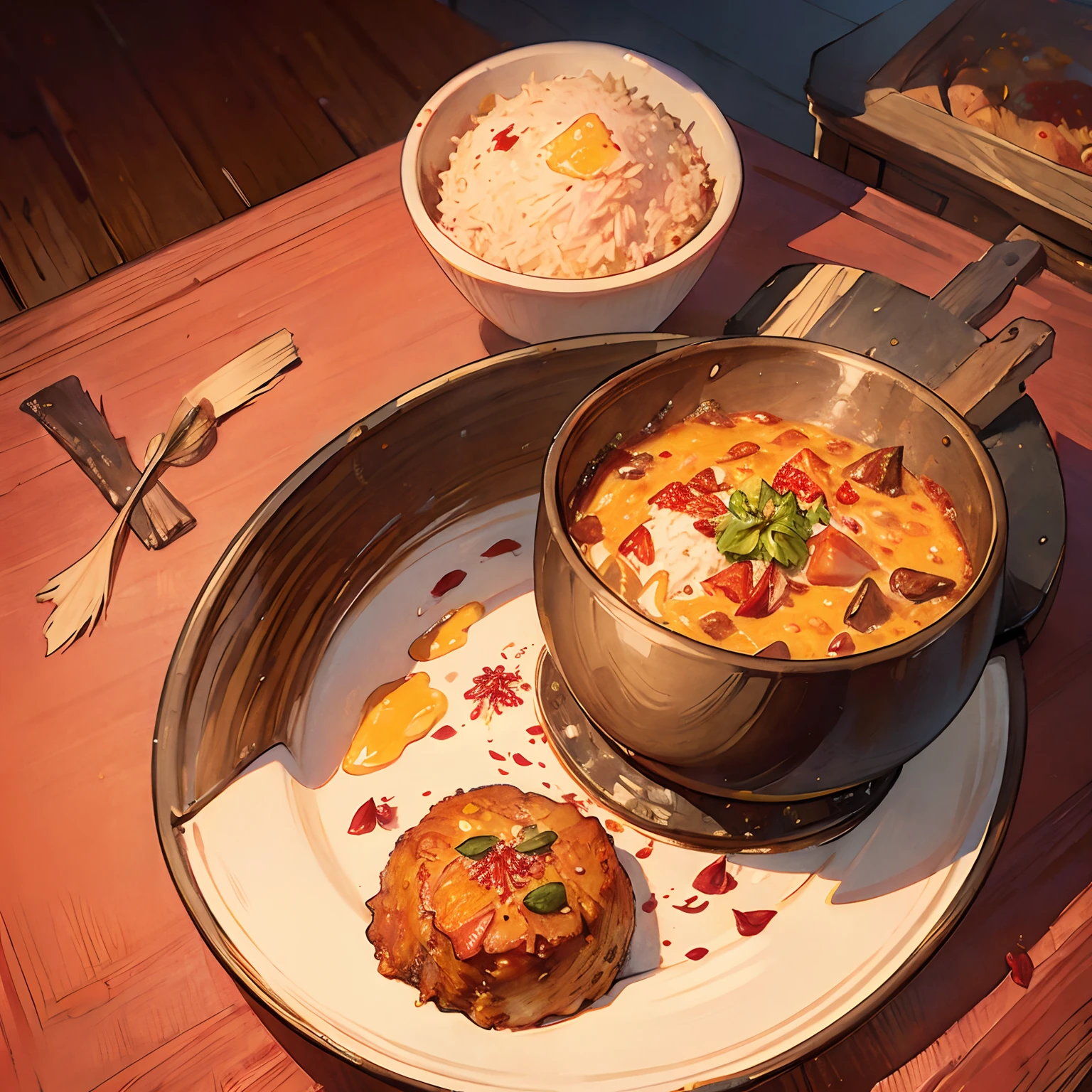 curry、curry rice、flower petals、spices、chili pepper、Flesh、Prosciutto、cheese