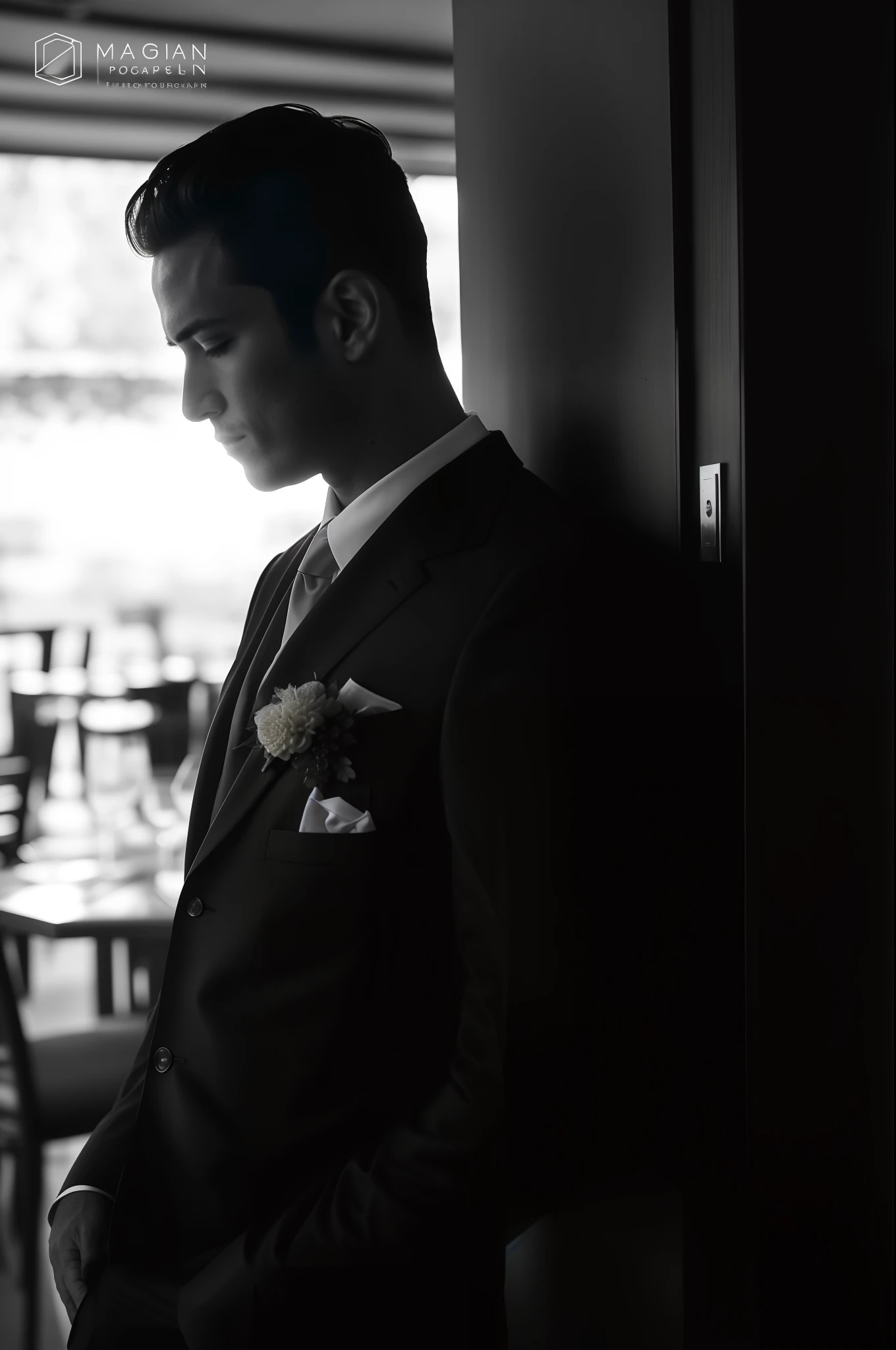 An Alafard man in a suit and tie stands in the restaurant, bridegroom, mid shot portrait, shot with canon eoa 6 d mark ii, side portrait imagery, shot with sigma f/ 4.2, shot with sigma f / 4. 2, shot on leica sl2, side profile portrait, Shot on Sony A 7, profile posing, posed in profile