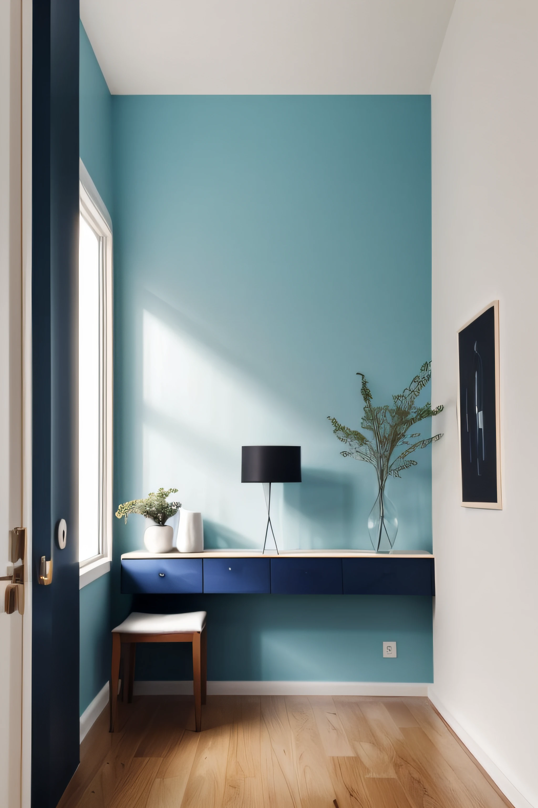 A room with minimal furniture and no people, featuring only one vase, one painting, and one drawer, Without sofa. The walls are painted in a Blue Diamond color(RGB code: (R: 76, G: 288, B: 288) Hex : #4CE4E4). The overall color tone of the room is consistent.  without any direct sunlight or daylight effect. Tags: one vase, one painting,  one drawer, minimal furniture,, one-tone color scheme, no sun, no daylight. From the point of view of a person in front of a parallel wall of the camera, for background