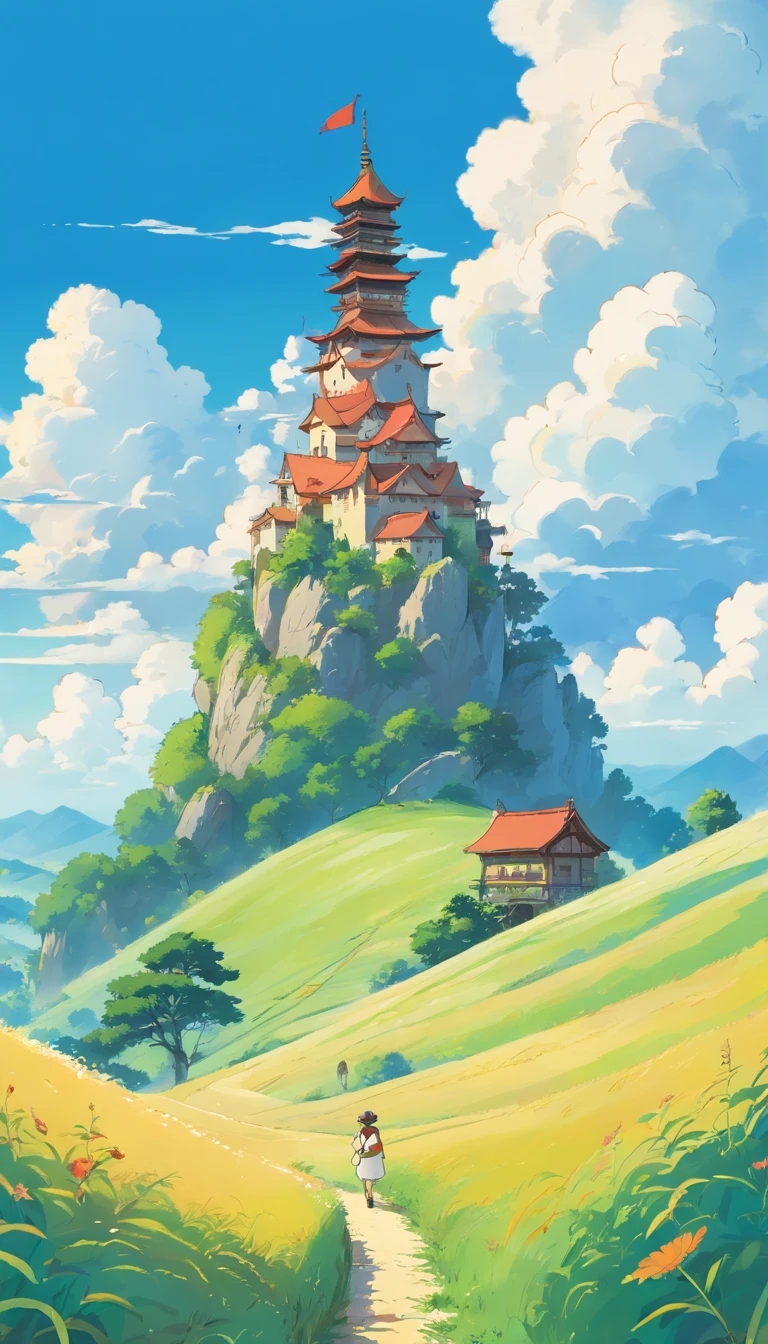 Tourism poster design, grassland, blue sky, white clouds, image minimalist style, warm colors, pragmatism, organic shapes and lines, Illustration, Danish design,