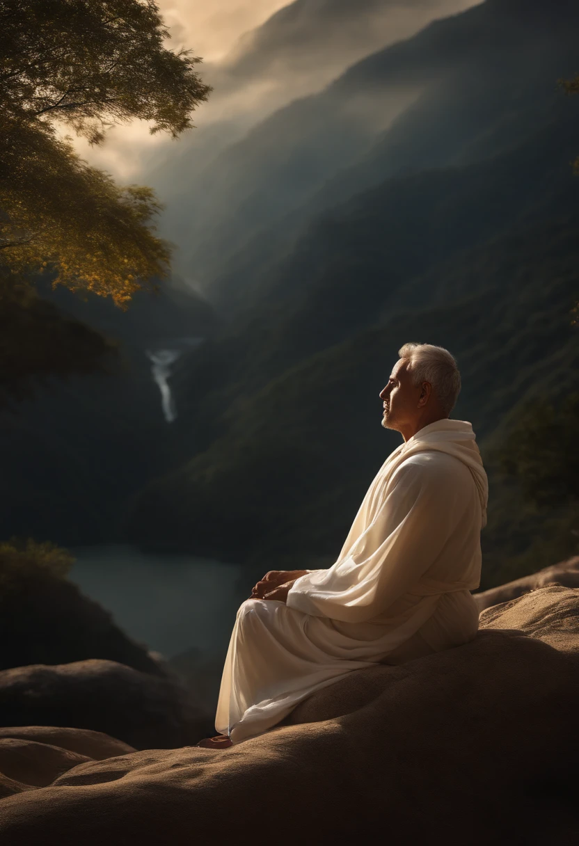 yang man sitting in meditation position, contemplando um horizonte lindo com o sol se pondo, Man is in deep connection with the divine, The landscape is ultra detailed, homem ultra realista, tudo bem detalhado e lindo, ultra qualidade. Realismo 8K