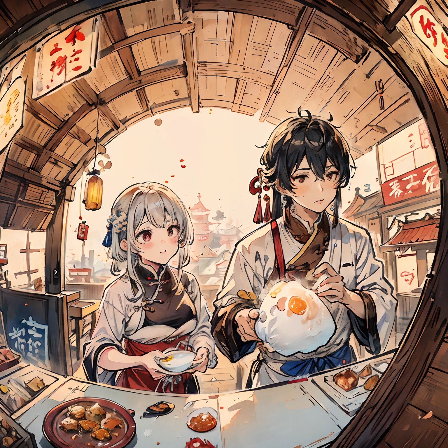 Yakisoba、fried egg、boiled egg、Prosciutto、cutlet、loimu、sauce、honey、shizuku、antique