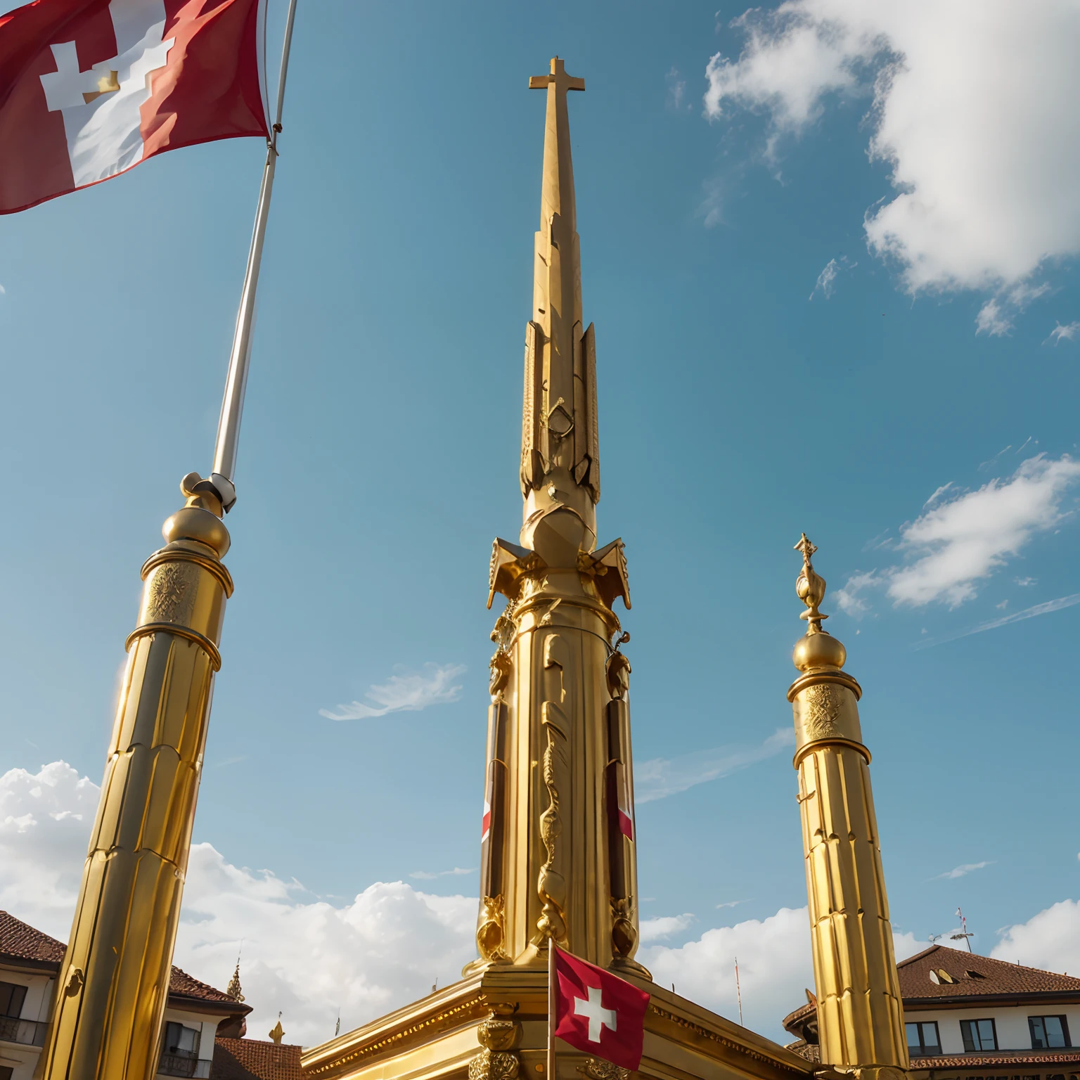 front view of a ((golden column)) , with ((swiss flags)) and incredibly stunning decoration,(insane Detail:1.3) with a sky background