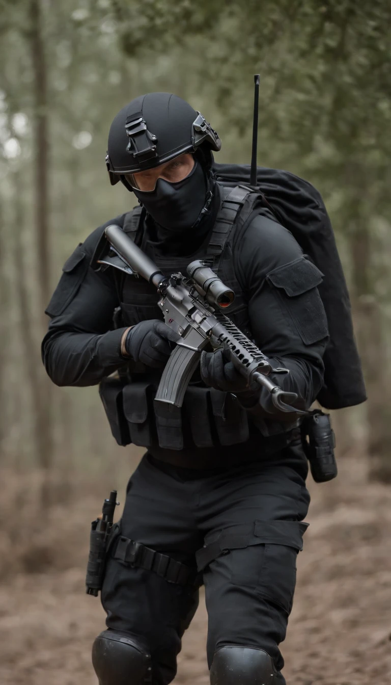 There was a man in a black uniform and a man in a black helmet and a man in a black mask with a gun, airsoft cqb, french special ops, realistic soldiers, Wear tactical gear, tactical gear, cinematic —ar 16:9, realistic military equipment, Tactical armor, Black tactical equipment, combat outfit, future soldier clothing, special forces security
