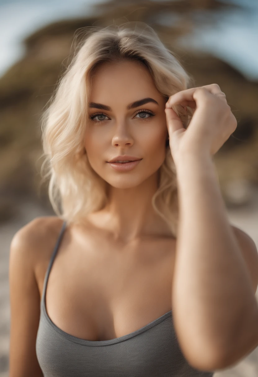 blonde woman with matching tank top and bikini bottom posing on a beach, fille sexy aux yeux bleus, Portrait Sophie Mudd, blur background, best quality, 1girl, Portrait de Corinna Kopf, cheveux blonds et grands yeux, selfie of a young woman, ohne Maquillage, maquillage naturel, Look directly into the camera, Visage avec Artgram, dezentes Maquillage, Superbe photo du corps entier, dans la chambre, Gros seins, Blonde, latina