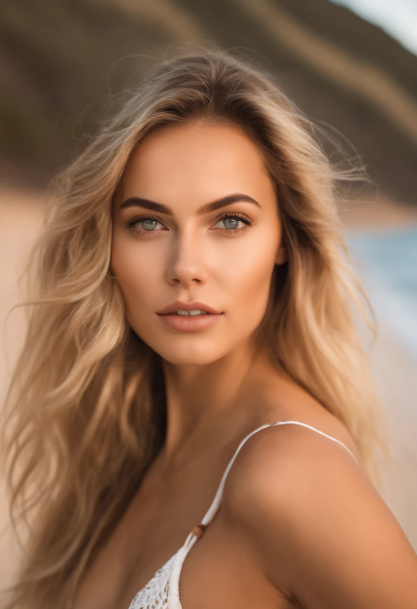 blonde woman with matching tank top and bikini bottom posing on a beach, fille sexy aux yeux bleus, Portrait Sophie Mudd, blur background, best quality, 1girl, Portrait de Corinna Kopf, cheveux blonds et grands yeux, selfie of a young woman, ohne Maquillage, maquillage naturel, Look directly into the camera, Visage avec Artgram, dezentes Maquillage, Superbe photo du corps entier, dans la chambre, Gros seins, Blonde, latina