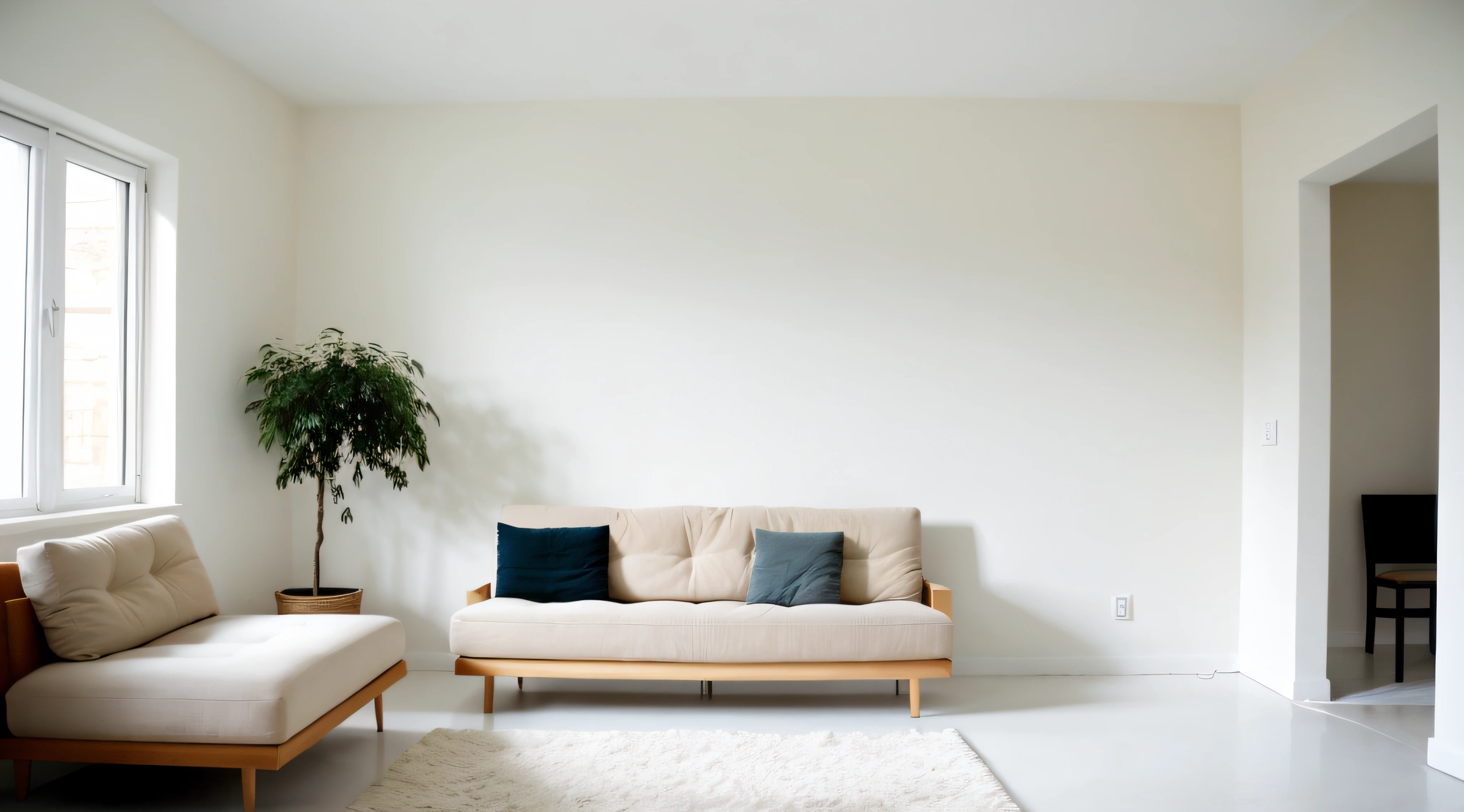 A room with minimal furniture and no people, featuring only one vase, one painting, and one sofa. The walls are painted in a light color with low saturation, creating a Orange and soft ambiance. The overall color tone of the room is consistent. The lighting is soft and gentle, without any direct sunlight or daylight effect. Tags: one vase, one painting, one sofa, minimal furniture, light-colored walls, low saturation, soft light, one-tone color scheme, no sun, no daylight. From the point of view of a person in front of a parallel wall of the camera, for background
