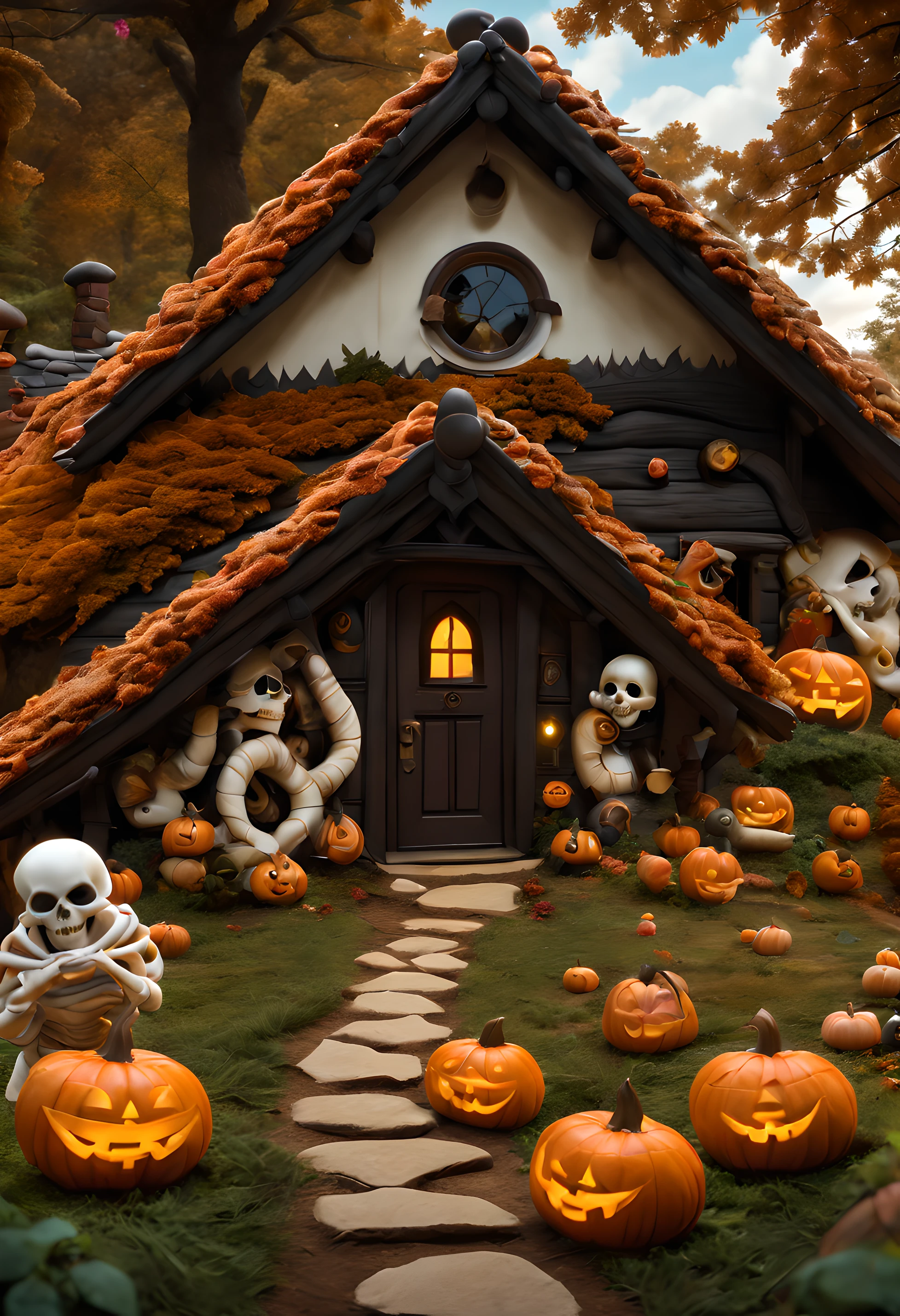 creation, seen from the outside, witch's house, you can perfectly distinguish the witch and Hansel and Gretel, at the door, described, story Hansel and Gretel, composed, laminated chocolate roof, marzipan walls, candy windows, at the entrance, you can see halloween decorations, pumpkins, spider webs, with tiny spiders, skeletons, ghosts, nougat door, on the path that leads to the house, you can distinguish, various candies, various halloween decorations, on the door The house, the house is surrounded by forest, through the middle runs the path that leads to it.