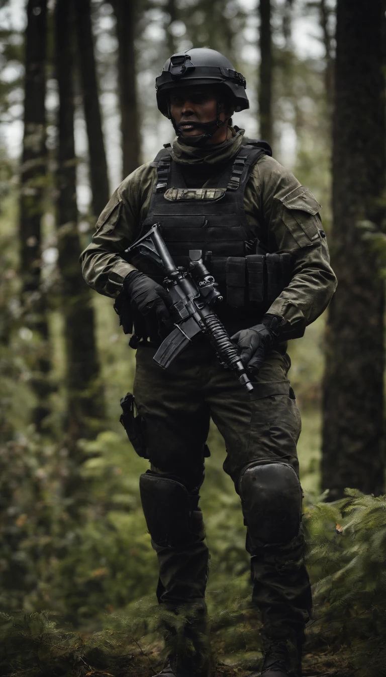 There was a man in a black uniform and a man in a black helmet and a man in a black mask with a gun, airsoft cqb, french special ops, realistic soldiers, Wear tactical gear, tactical gear, cinematic —ar 16:9, realistic military equipment, Tactical armor, Black tactical equipment, combat outfit, future soldier clothing, special forces security