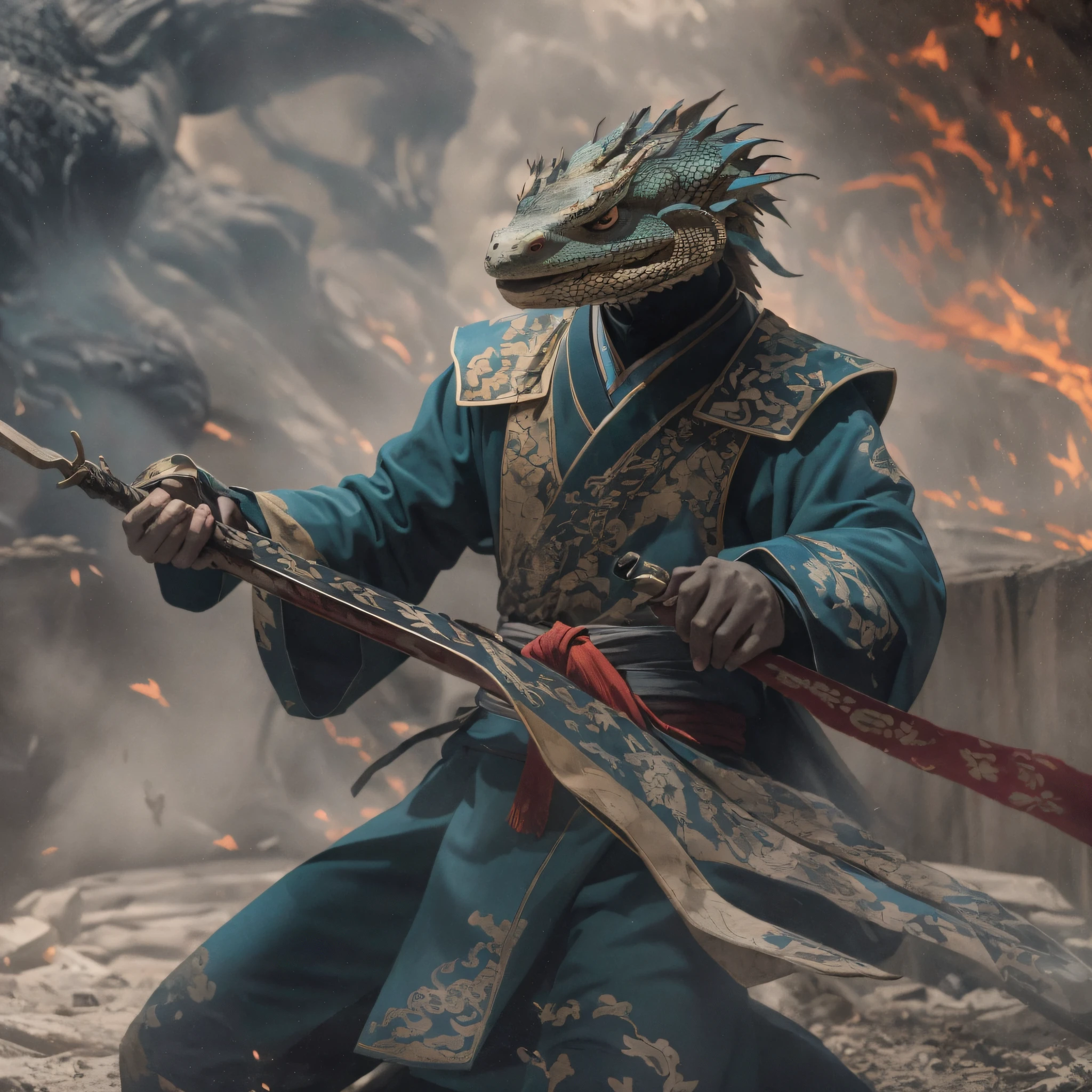 Monitor lizard 32K，Phoenix Immortal Demon Realm, Chance encounter with Liu Hanshu, He saw in him his former self, It was decided to take him as an apprentice, Teach him how to protect himself, But because of the Tibetan star map, Phoenix and the Liu family、The Jade Sword Sect established a relationship, It opens with the death of Liu Hanshu, Qin Yu embarked on the road of confrontation with a strong enemy, Working hard, Make yourself stronger, Stick to your own core path of justice, （Dragons）eyes filled with angry，The monitor lizard clenched its fists，Rush up，Deliver a fatal blow to your opponent，full bodyesbian，Full body monitor lizard male mage 32K（Masterpiece Canyon Ultra HD）fenghuang（canyons）Climb the streets， The scene of the explosion（canyons）， （Dragons）， The angry fighting stance of the monitor lizard， looking at the ground， Batik linen bandana， Chinese python pattern long-sleeved garment， canyons（Abstract propylene splash：1.2）， Dark clouds lightning background，Flour flies（realisticlying：1.4），Black color hair，Flour fluttering，rainbow background， A high resolution， the detail， RAW photogr， Sharp Re， Nikon D850 Film Stock Photo by Jefferies Lee 4 Kodak Portra 400 Camera F1.6 shots, Rich colors, ultra-realistic vivid textures, Dramatic lighting, Unreal Engine Art Station Trend, cinestir 800，Flowing black hair,（（（Jungle Canyon）））The wounded lined up in the streets（vale）Climb the streets，Movie master real-time image quality（tmasterpiece，k hd，hyper HD，32K）Dragons， （Linen batik scarf）， Combat posture， looking at the ground， Linen bandana， Chinese monitor lizard pattern long-sleeved garment， Morning Phoenix（Abstract gouache splash：1.2）， Dark clouds lightning background，sprinkling（