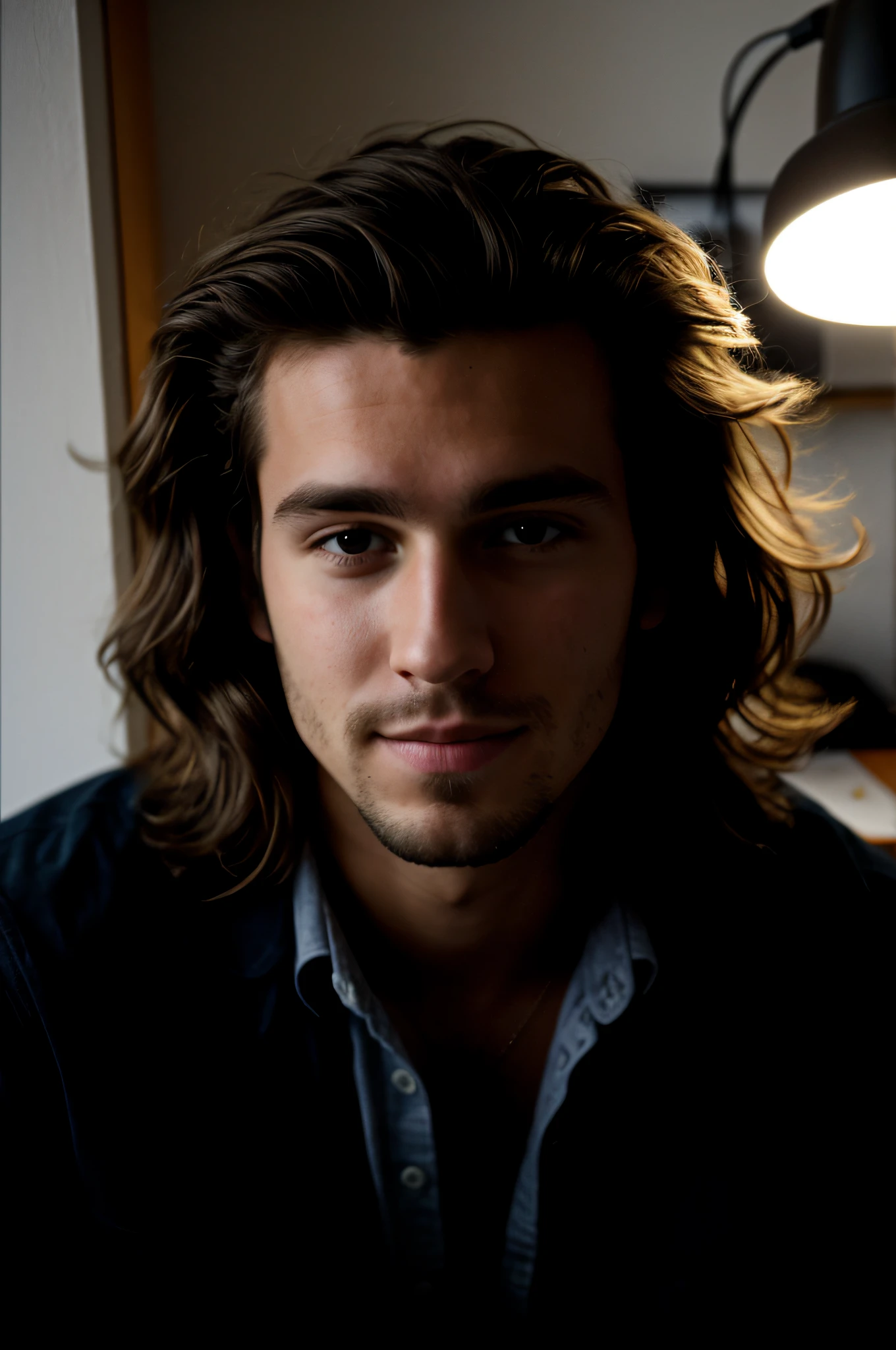 Photo net dans un bureau comme quelqu'un qui raconter un podcast, Portrait de visage photo de beau 26 ans.O homme, cheveux mi long, vetement de voyageur, content, visage lumineux, pas mettre d'ombre, Filmed by a wide-angle camera
