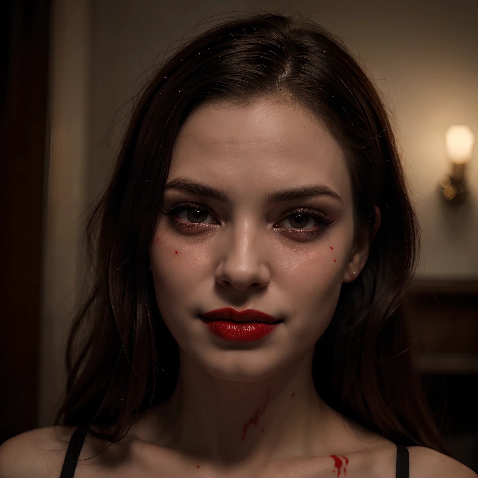 um close up de uma mulher com sangue no rosto, blood around the lips, bite her lip, [[sangue]], menina vampiro, Vampiro, retrato do vampiro, scarred lip, inspirado em Gottfried Helnwein, rosto ensanguentado, rosto limpo e brutal ensanguentado, sangue escorrendo da boca, faint red lips, female vampire, Hemorragia, crying tears of blood, Bloody, sorriso