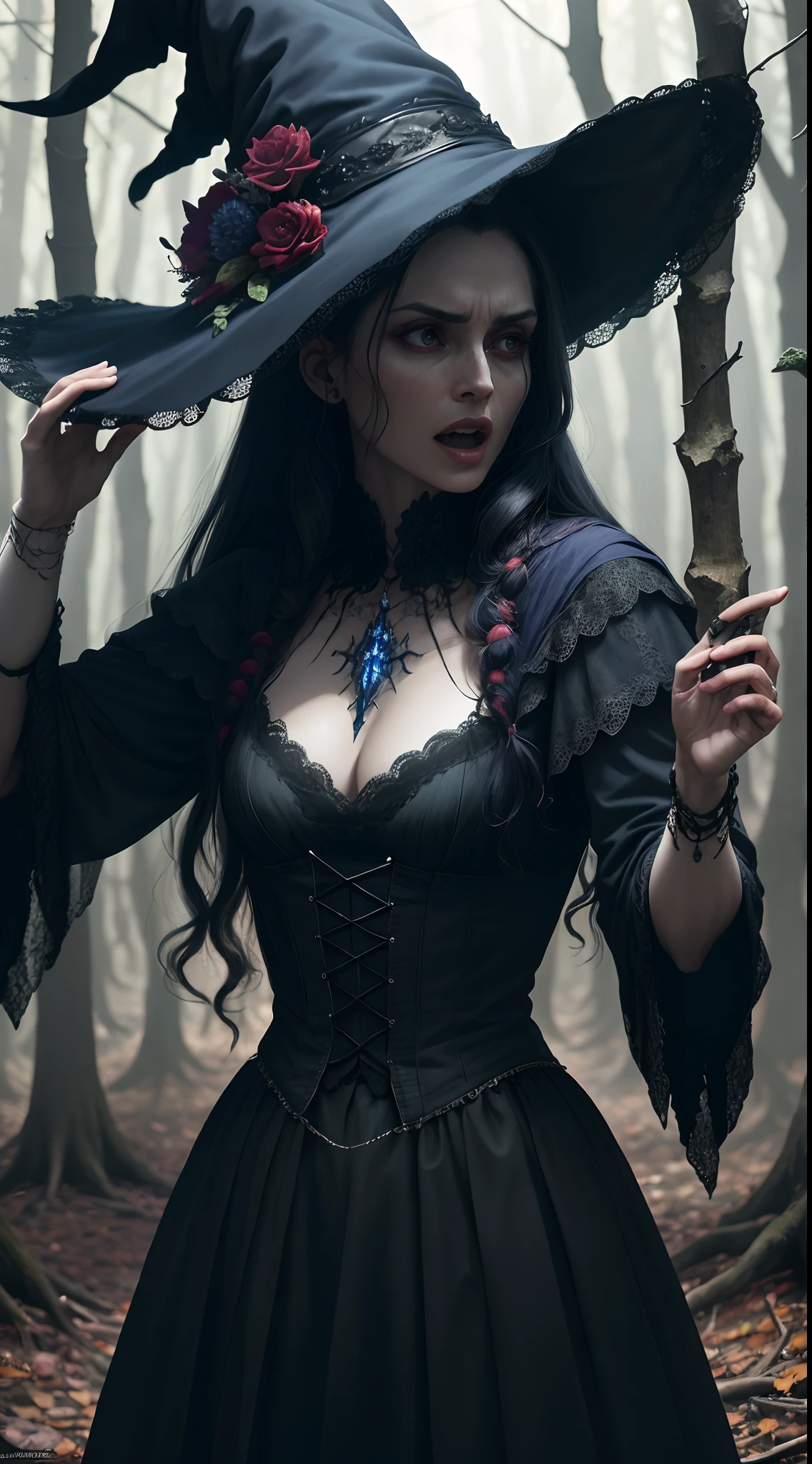 "A highly detailed and intense depiction of a terrifying necromancer witch, mid-shot and dramatically captured on ultra-detailed 8K wallpaper, mostrando una complejidad intrincada en medio de un bosque tenebroso".