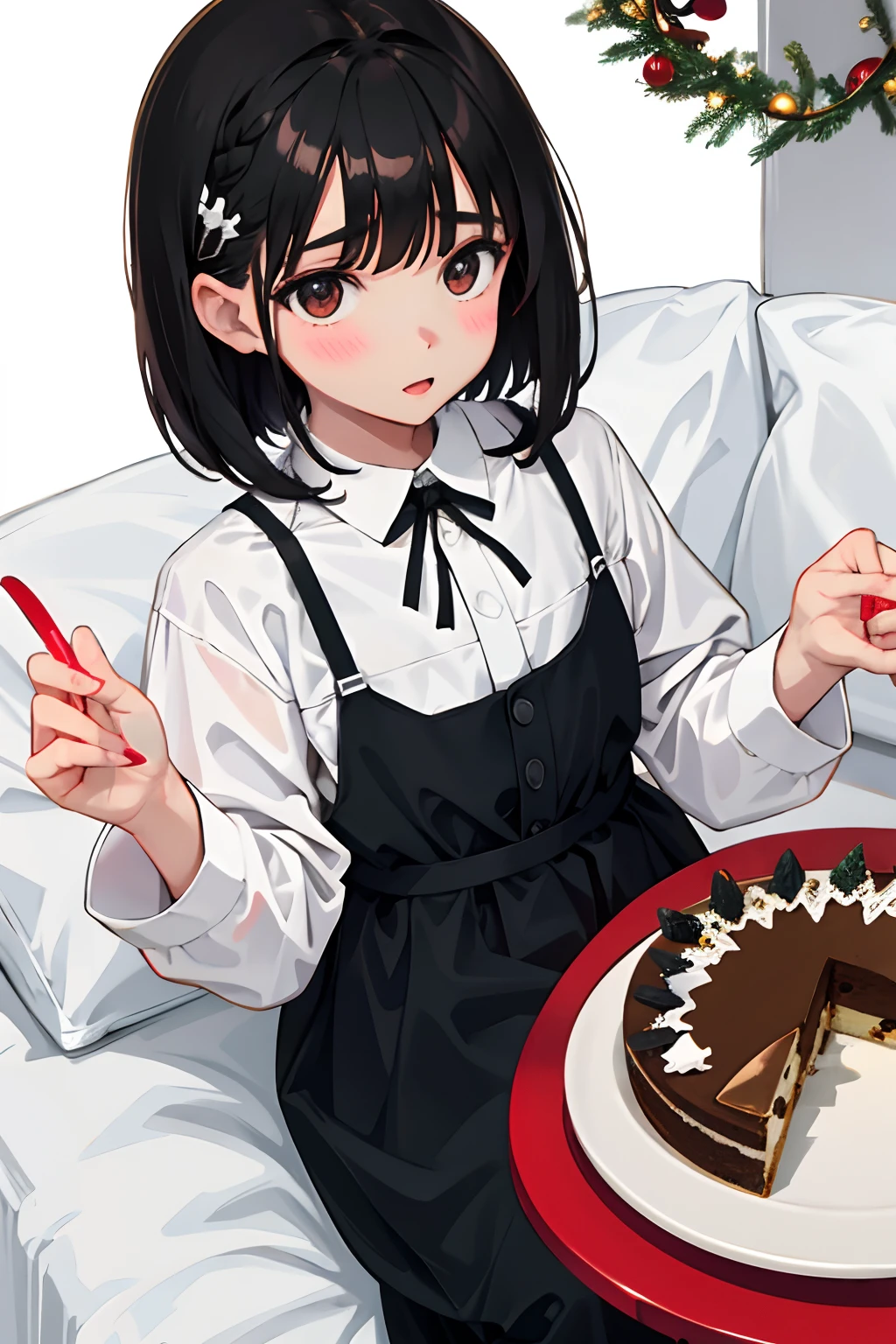 child,Christmas,A dark-haired,Medium bob,Christmas cake