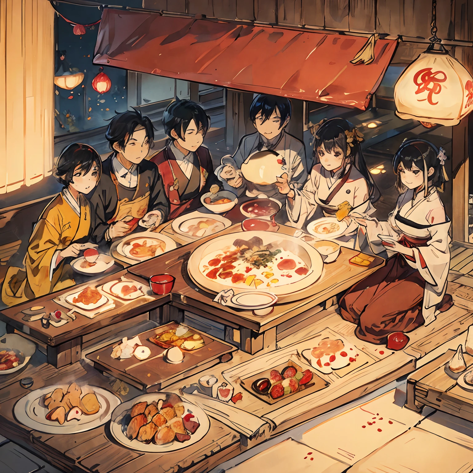 Four muscular men、Surrounding the table、cooking、liquor、Cherry Blossoms at Night、starry skies、full moon、A fun atmosphere