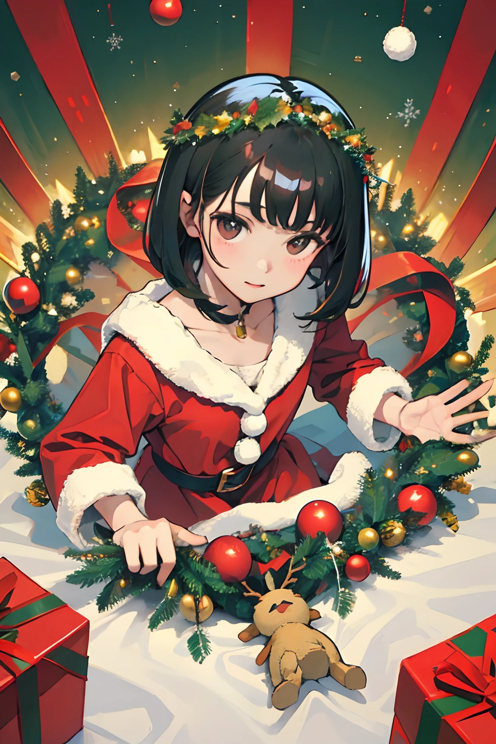 child，Christmas，A dark-haired，Medium bob，Christmas Wreath