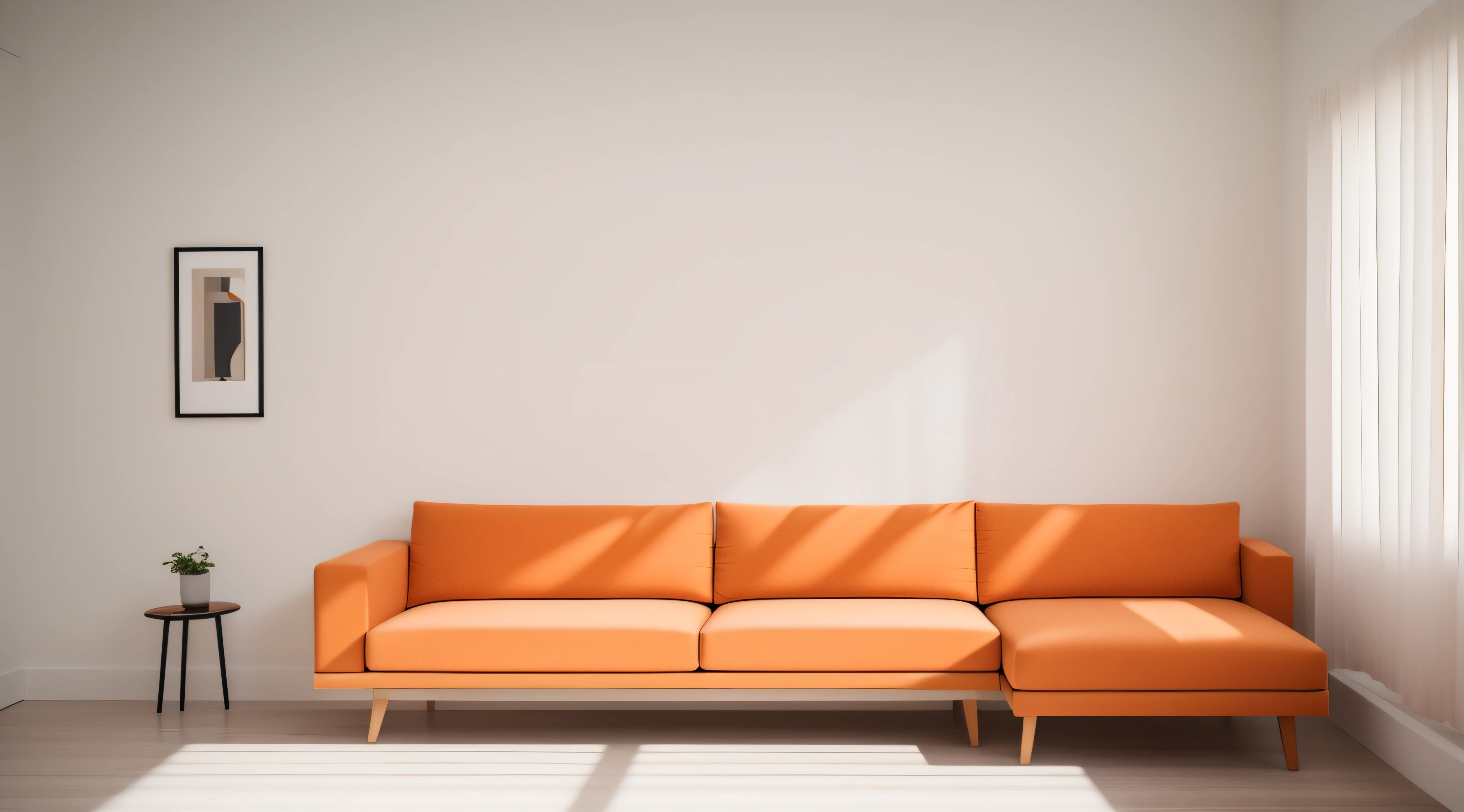A room with minimal furniture and no people, featuring only one vase, one painting, and one sofa. The walls are painted in a light color with low saturation, creating a Orange and soft ambiance. The overall color tone of the room is consistent. The lighting is soft and gentle, without any direct sunlight or daylight effect. Tags: one vase, one painting, one sofa, minimal furniture, light-colored walls, low saturation, soft light, one-tone color scheme, no sun, no daylight. From the point of view of a person in front of a parallel wall of the camera, for background