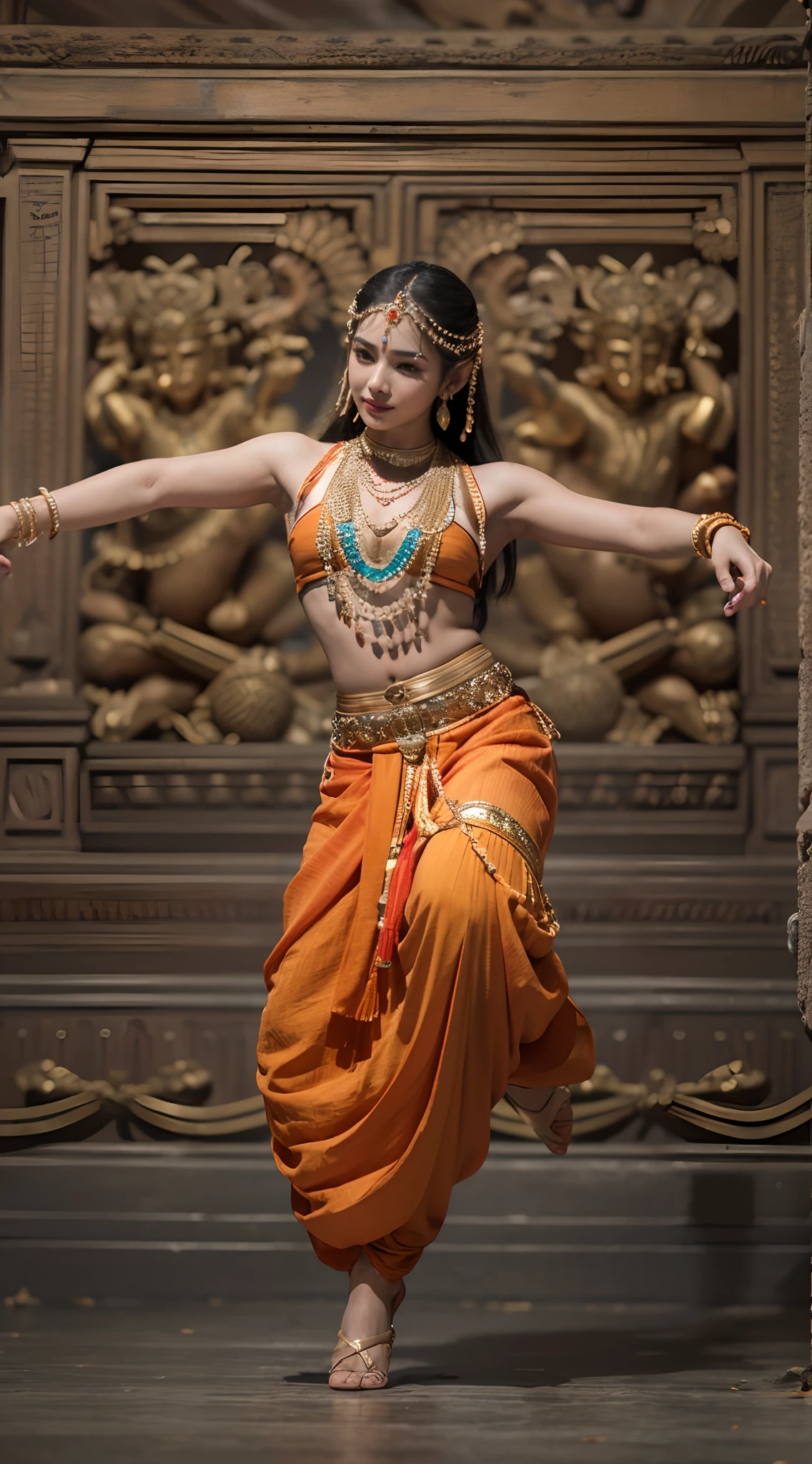 (Best quality,4K,8K,A high resolution,Masterpiece:1.2),Ultra-detailed,(Realistic,Photorealistic,photo-realistic:1.37),The Arafed man in orange pants and a necklace is dancing, Tribal dance, gracefully belly dancing pose, Contemporary, in style of thawan duchanee, indian style, submerged temple dance scene, Transhumanist dance, classic dancer striking a pose,