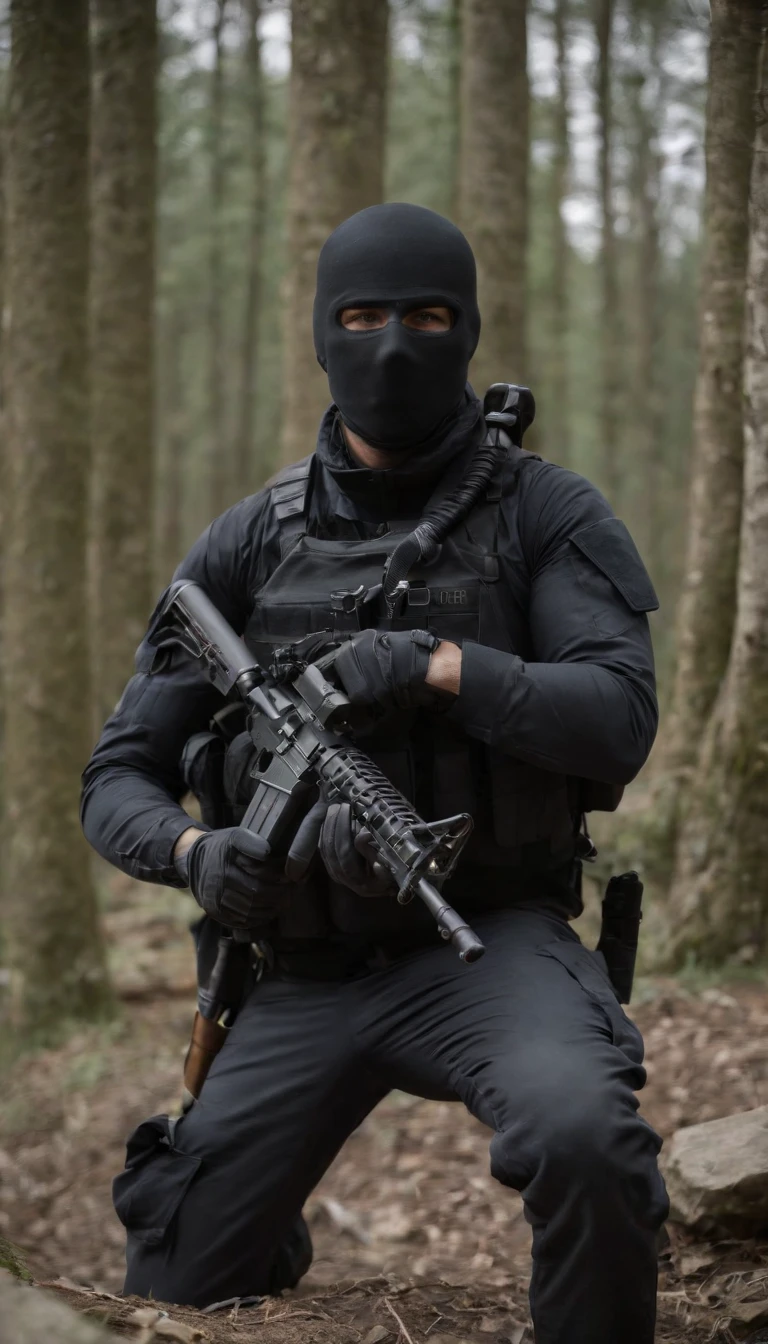 There was a man in a black uniform and a man in a black helmet and a man in a black mask with a gun, airsoft cqb, french special ops, realistic soldiers, Wear tactical gear, tactical gear, cinematic —ar 16:9, realistic military equipment, Tactical armor, Black tactical equipment, combat outfit, future soldier clothing, special forces security