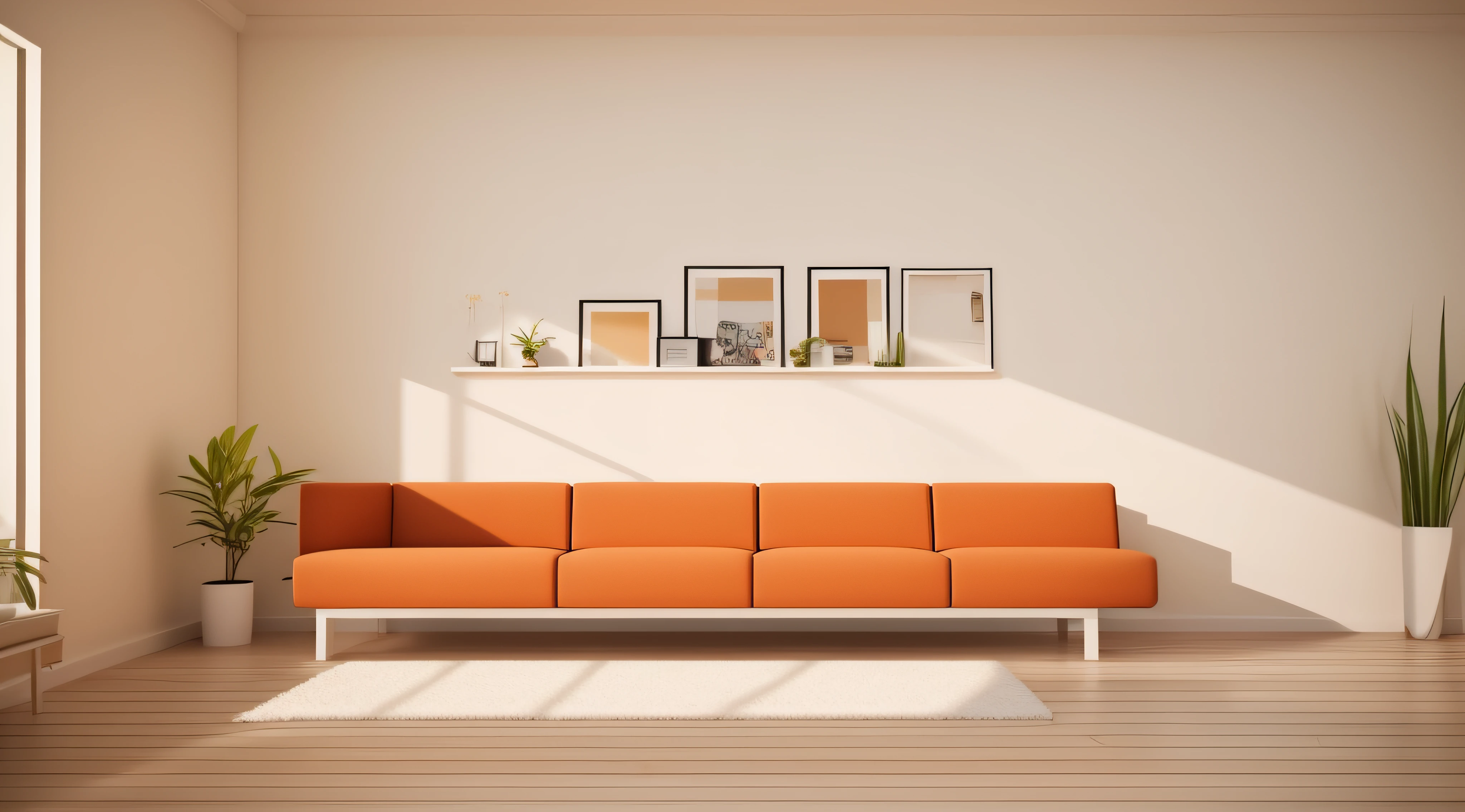 A room with minimal furniture and no people, featuring only one vase, one painting, and one sofa. The walls are painted in a light color with low saturation, creating a Orange and soft ambiance. The overall color tone of the room is consistent. The lighting is soft and gentle, without any direct sunlight or daylight effect. Tags: one vase, one painting, one sofa, minimal furniture, light-colored walls, low saturation, soft light, one-tone color scheme, no sun, no daylight. From the point of view of a person in front of a parallel wall of the camera, for background
