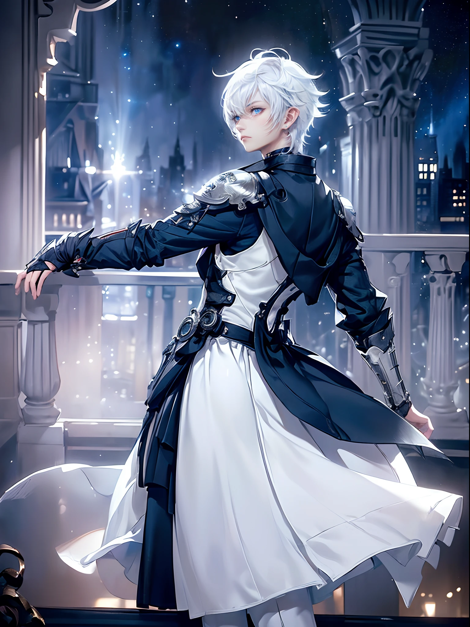 ((4K works))、masterpiece、(top-quality)、One Beautiful Boy、Slim body、tall、((Black Y-shirt and white pants、Charming knight style))、(Detailed beautiful eyes)、Stylish English black balcony、Castle inhabited by villains、Balcony at night、((Starry sky in the background))、((dark sky))、((Fashionable city scenery at midnight))、((Standing on a stylish balcony and shooting))、mid night、((Face similar to Carly Rae Jepsen))、((Short-haired white hair))、((Smaller face))、((Neutral face))、((Bright blue eyes))、((American adult male))、((Adult male 26 years old))、((Cool Men))、((Like a celebrity))、((Angry look))、((Korean Makeup))、((elongated and sharp eyes))、((Happy dating))、((boyish))、((Upper body photography))、Professional Photos、((Shot alone))、((shot from back))、((Shot so that the back of the head is visible))、((Shot in close proximity to him))、((Focus zoom in))、((He is looking at the starry sky))、((He standing on the balcony))、horor、((Beautiful and cool photos))、Cool pose