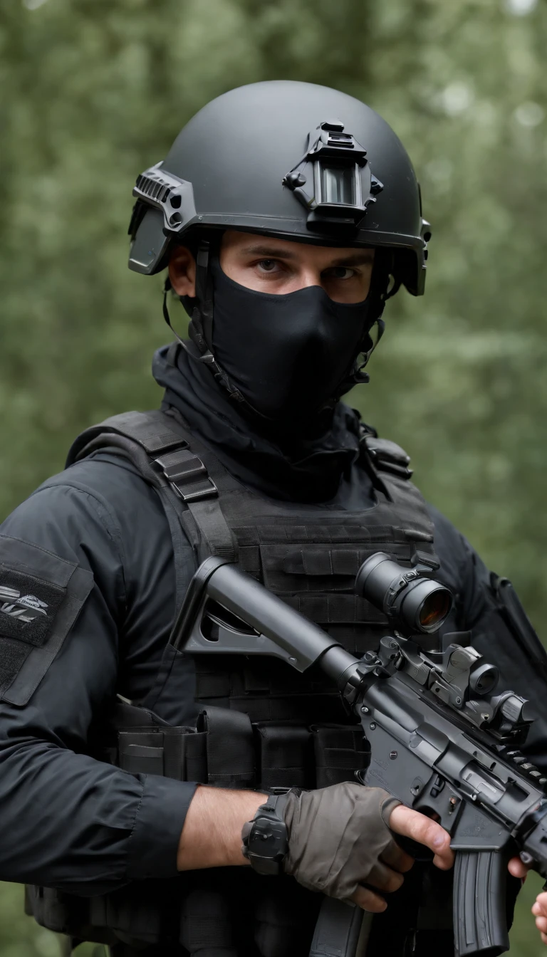 (Best quality,4K,8K,A high resolution,Masterpiece:1.2),Ultra-detailed,(Realistic,Photorealistic,photo-realistic:1.37), One was wearing a black uniform，Man in black helmet, A man in a black mask holds a gun, Air rifle CQB, French Special Operations, realistic soldiers, Soldiers in tactical equipment, tactical gear, cinematic —ar 16:9, realistic military equipment, Tactical armor, Black tactical equipment, combat outfit, Futuristic soldier costume, special forces security