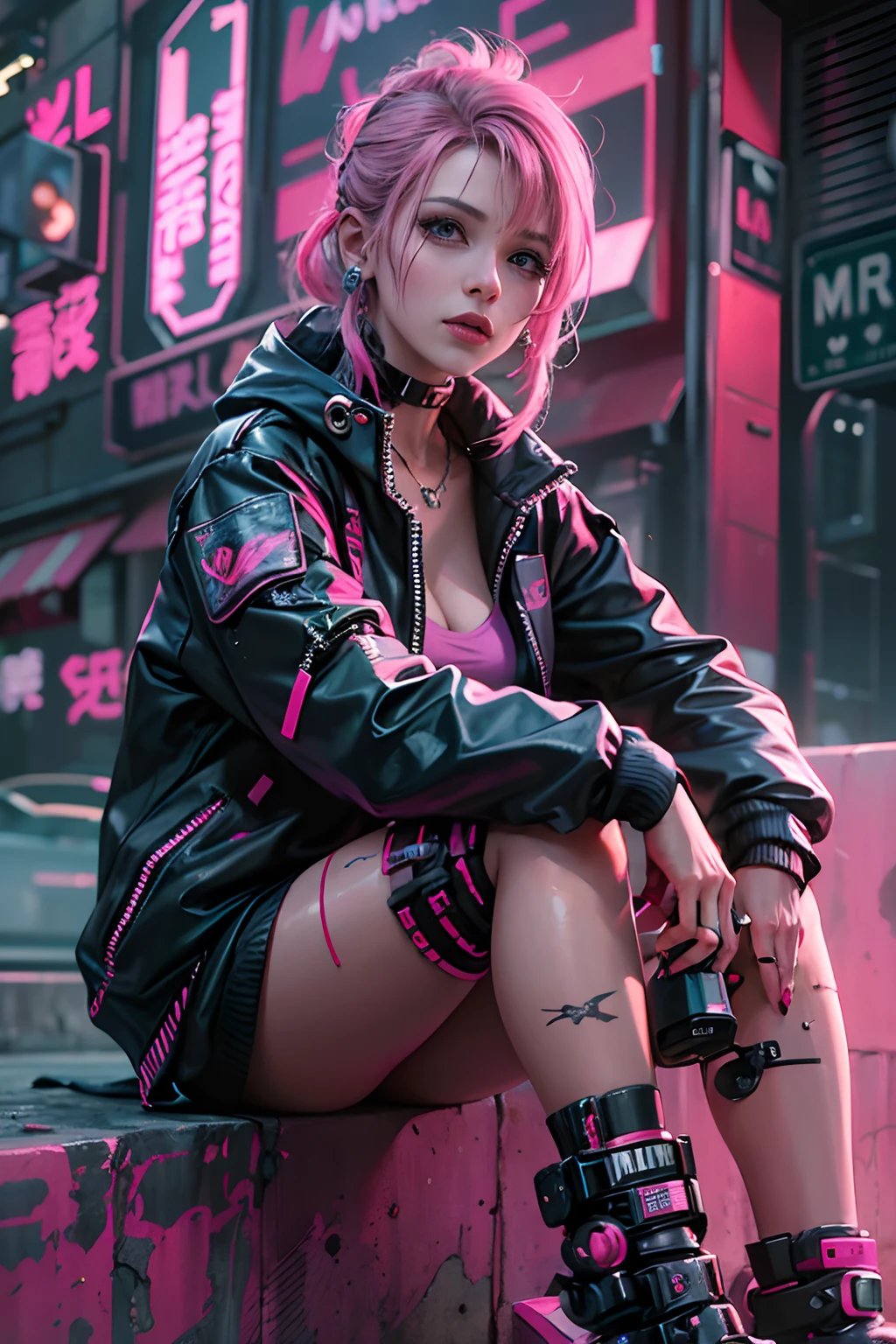 a woman in a pink skirt and black jacket sitting on the street, cyberpunk art style, cyberpunk 2 0 y. o model girl, hyper-realistic cyberpunk style, cyberpunk vibes, cyberpunk style ， hyperrealistic, cyberpunk beautiful girl, cyberpunk art ultrarealistic 8k, cyberpunk girl, cyberpunk art, female cyberpunk anime girl, in cyberpunk style, cyberpunk judy alvarez