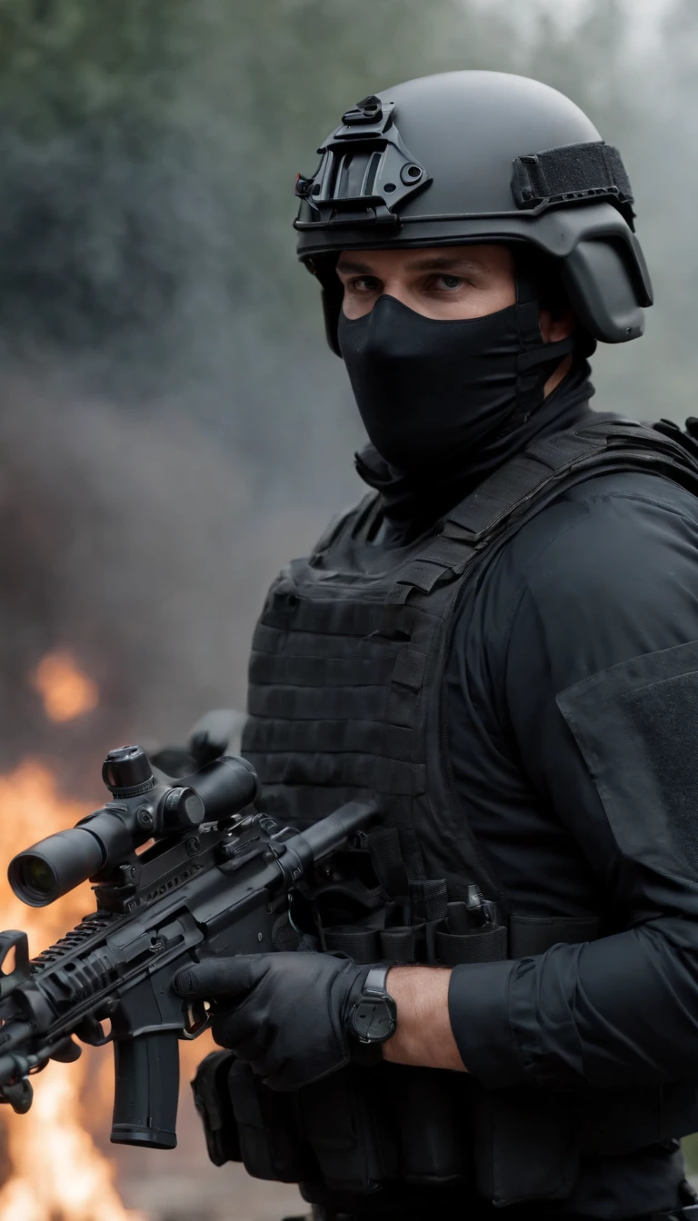 Call of duty type poster that saya "IBSF", military man wearing all black gear with gpnvg 18, urban background