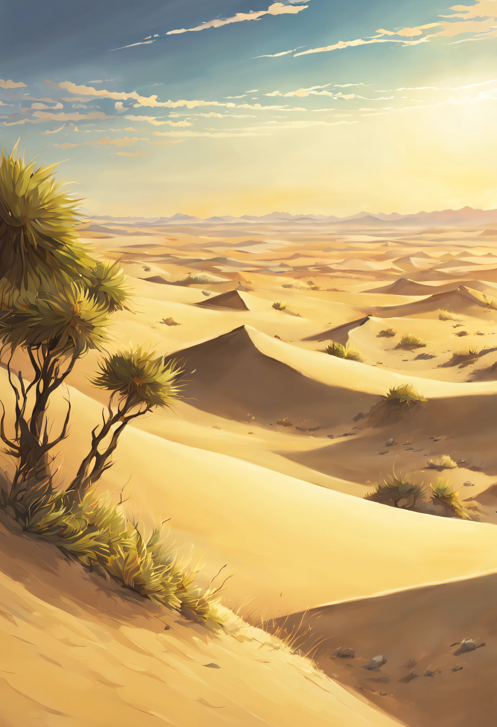 A vast desert stretches out in view, With its golden sands and endless immensity, Where the horizon meets the deep blue sky. A tranquil serenity pervades the setting, As the wind whispers ancient secrets through the rolling dunes, revealing the passage of time and the history that resides there. imagem estilo anime