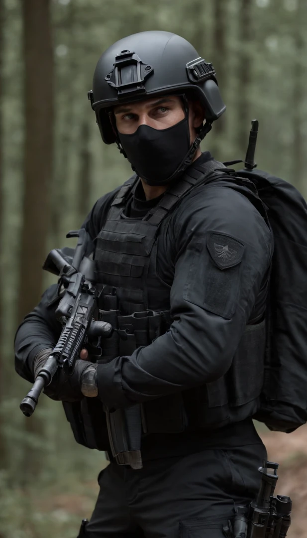 (Best quality,4K,8K,A high resolution,Masterpiece:1.2),Ultra-detailed,(Realistic,Photorealistic,photo-realistic:1.37), One was wearing a black uniform，Man in black helmet, A man in a black mask holds a gun, Air rifle CQB, French Special Operations, realistic soldiers, Soldiers in tactical equipment, tactical gear, cinematic —ar 16:9, realistic military equipment, Tactical armor, Black tactical equipment, combat outfit, Futuristic soldier costume, special forces security